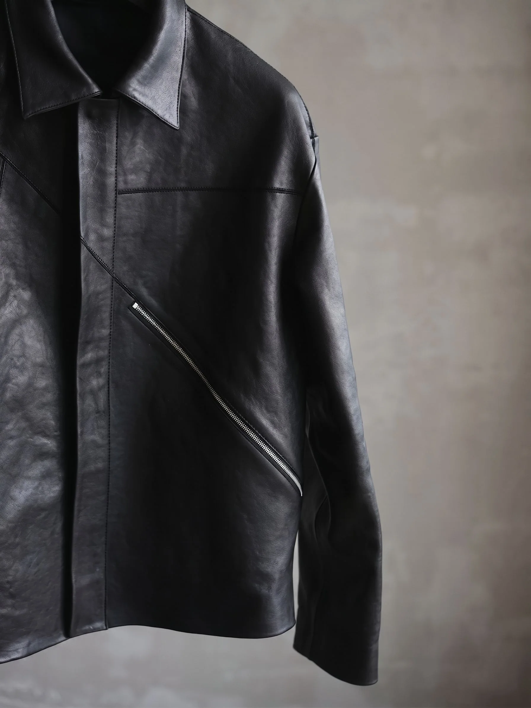 Diagonal Zip Leather Jacket - Image 6