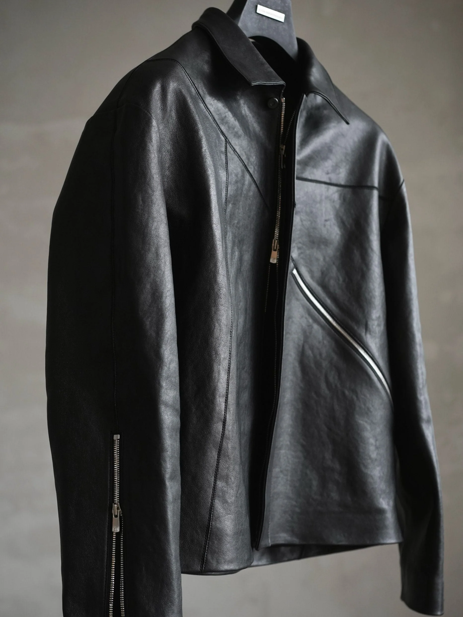 Diagonal Zip Leather Jacket - Image 7