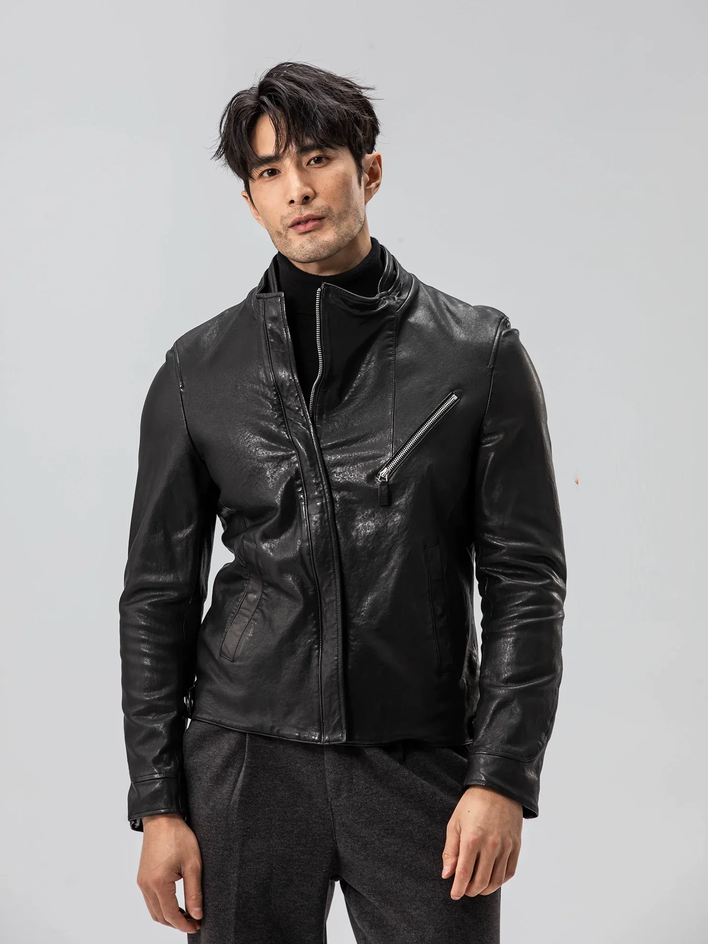 Diagonal Zip Sheepskin Moto Jacket