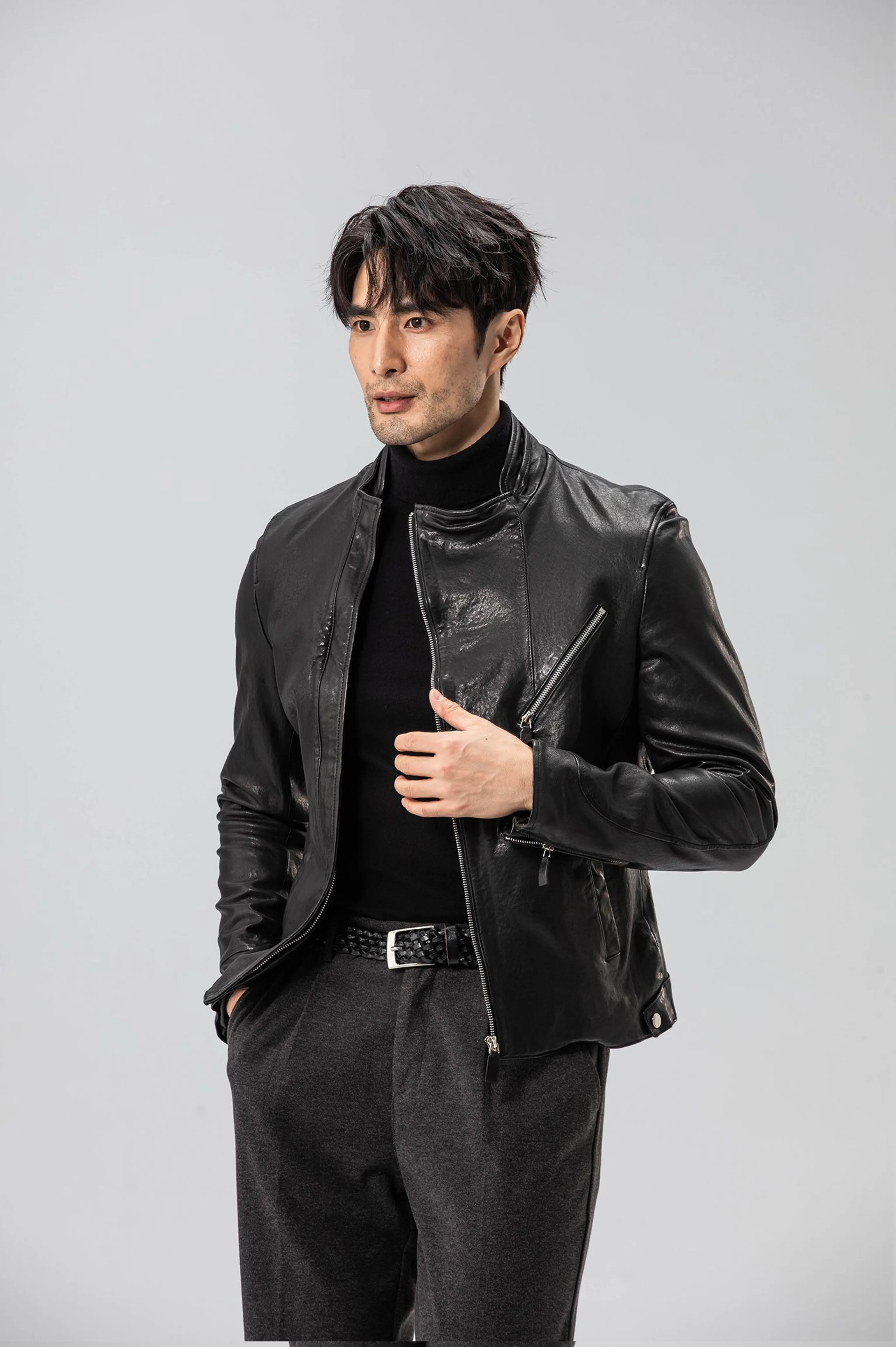 Diagonal Zip Sheepskin Moto Jacket - Image 6
