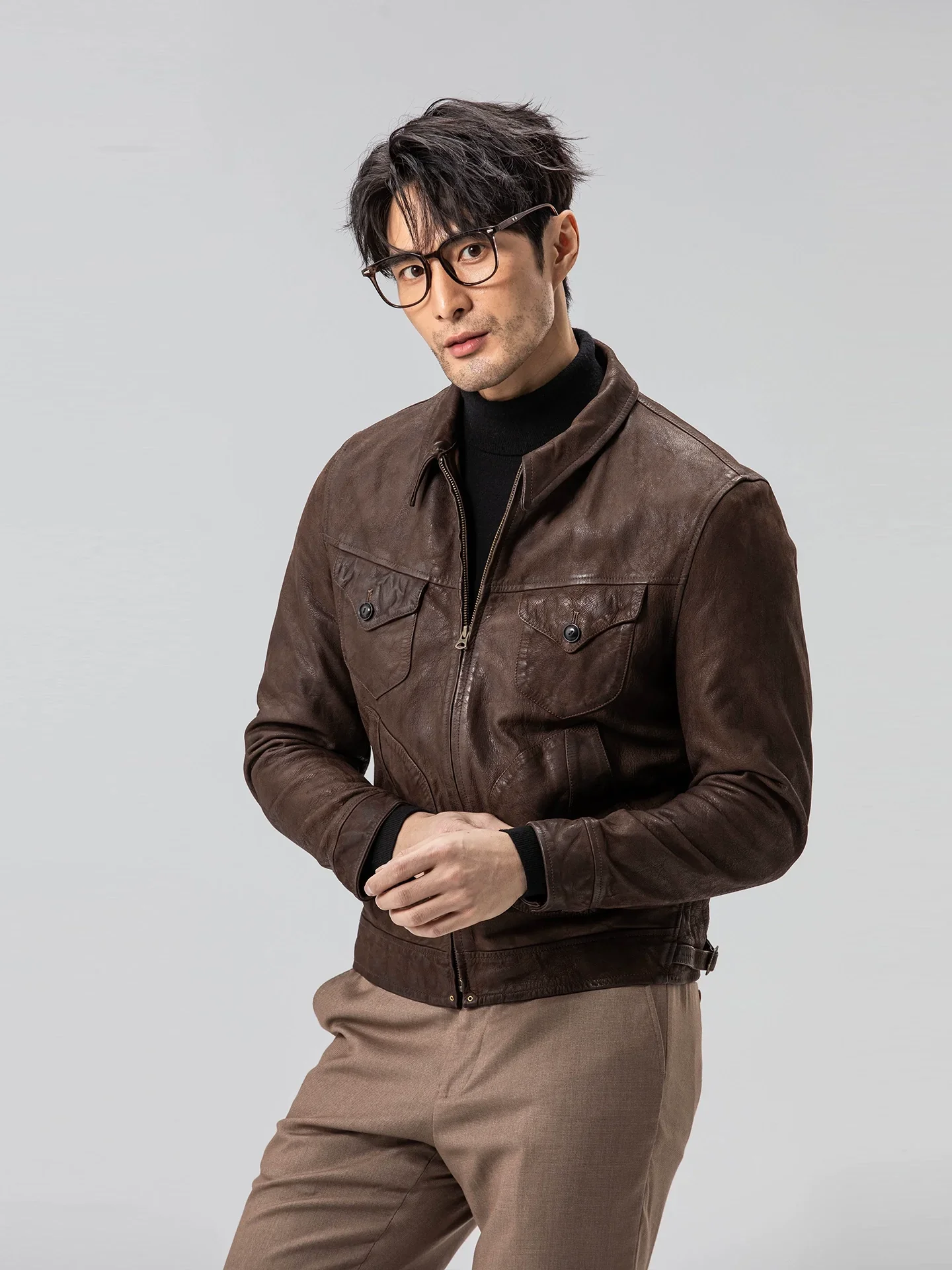 Distressed Dark Brown Goatskin Trucker Jacket