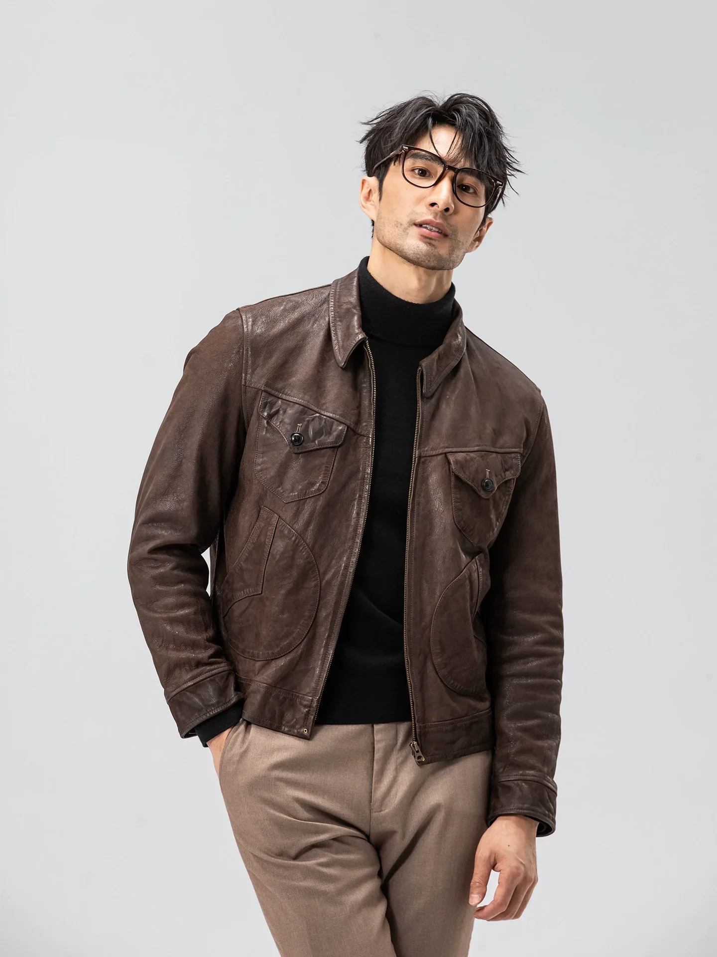 Distressed Dark Brown Goatskin Trucker Jacket - Image 2