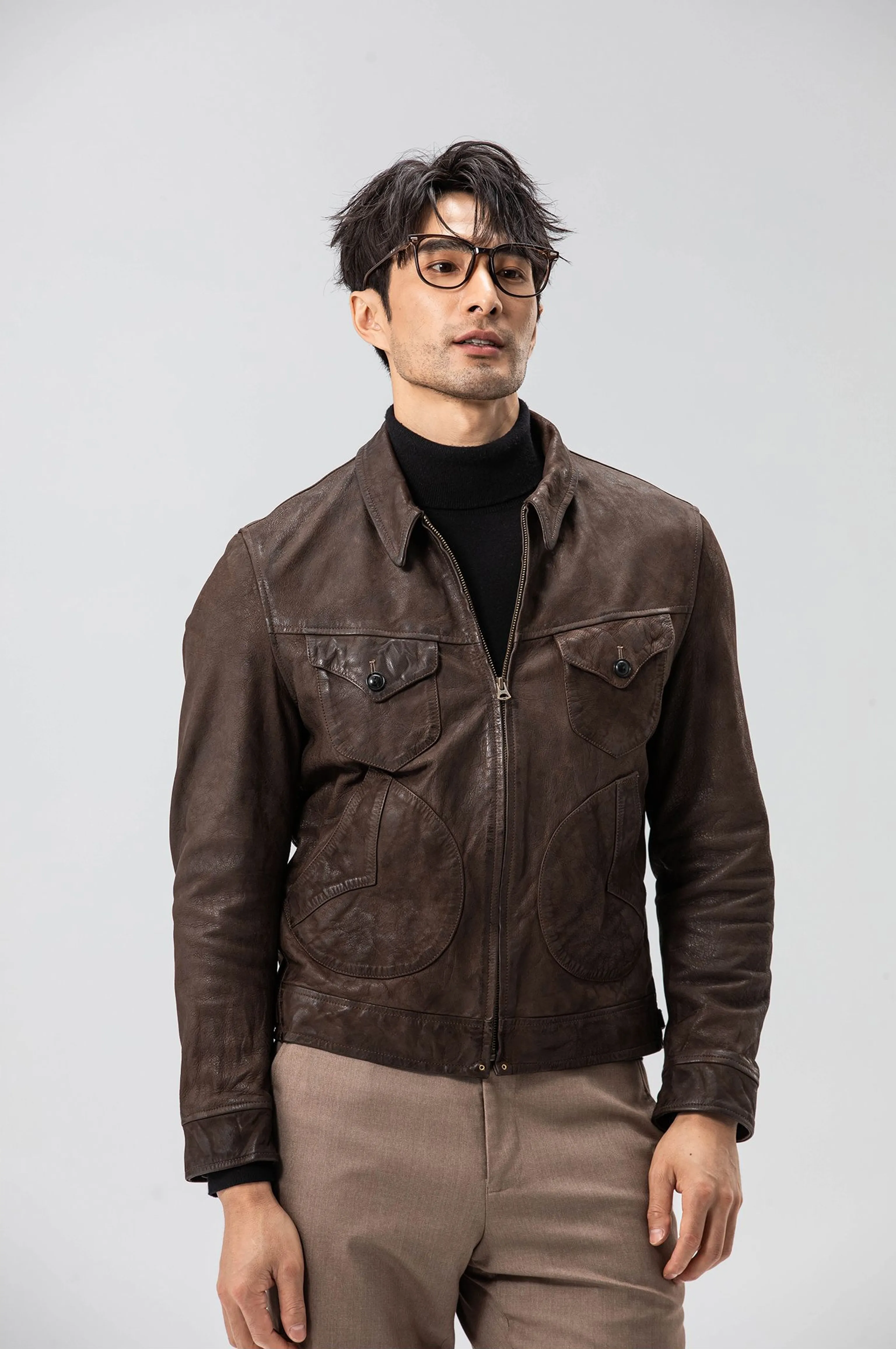 Distressed Dark Brown Goatskin Trucker Jacket - Image 3