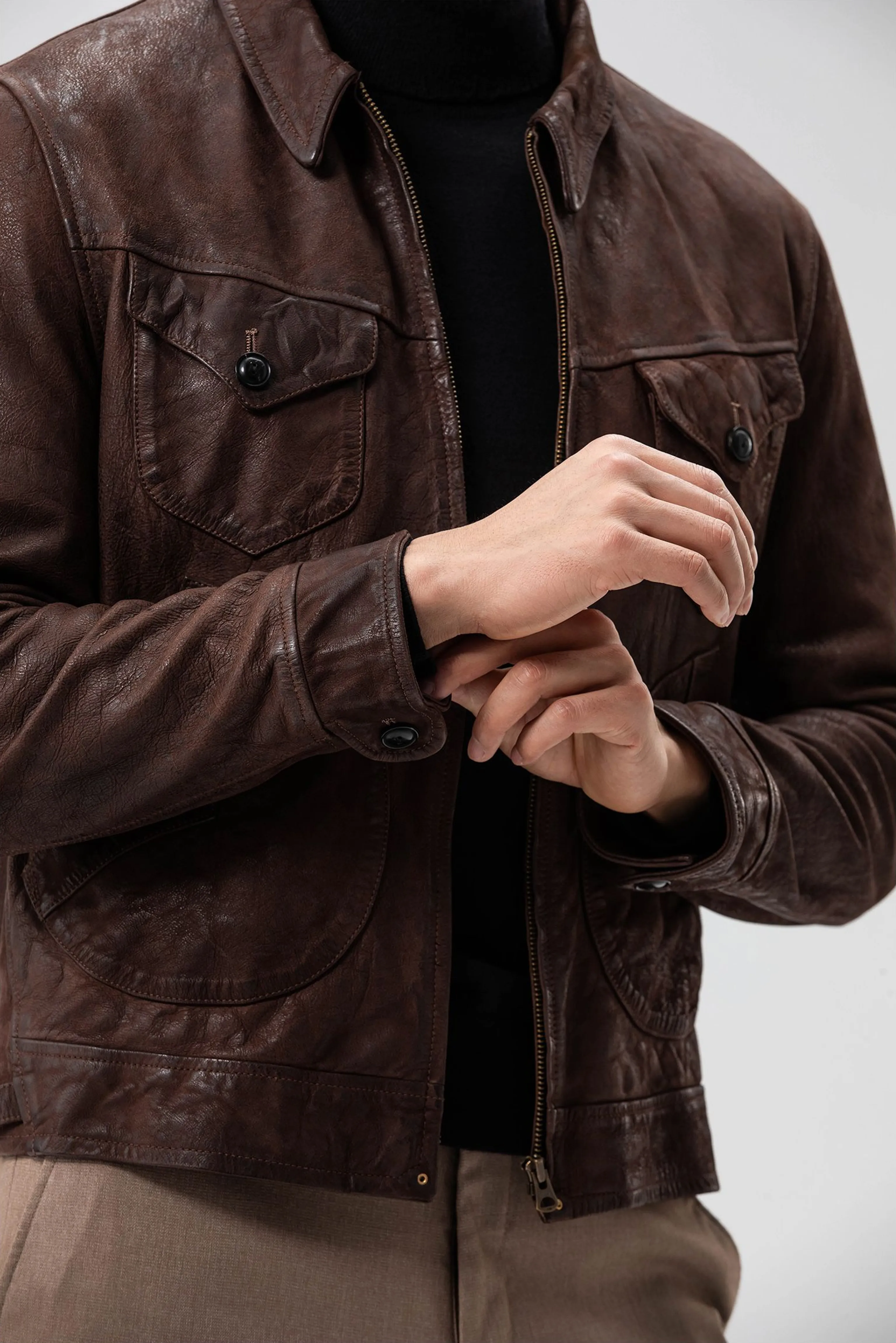 Distressed Dark Brown Goatskin Trucker Jacket - Image 5