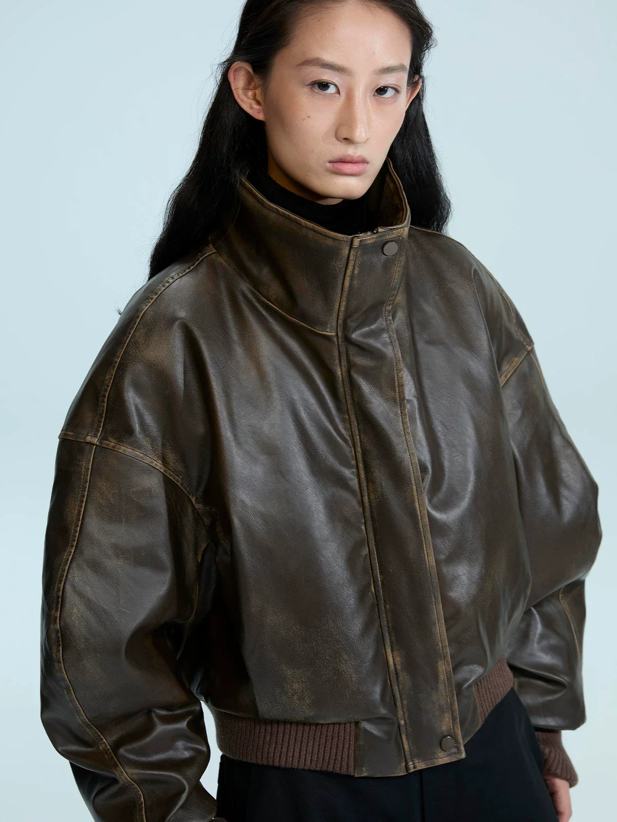 Distressed Faux Leather Bomber