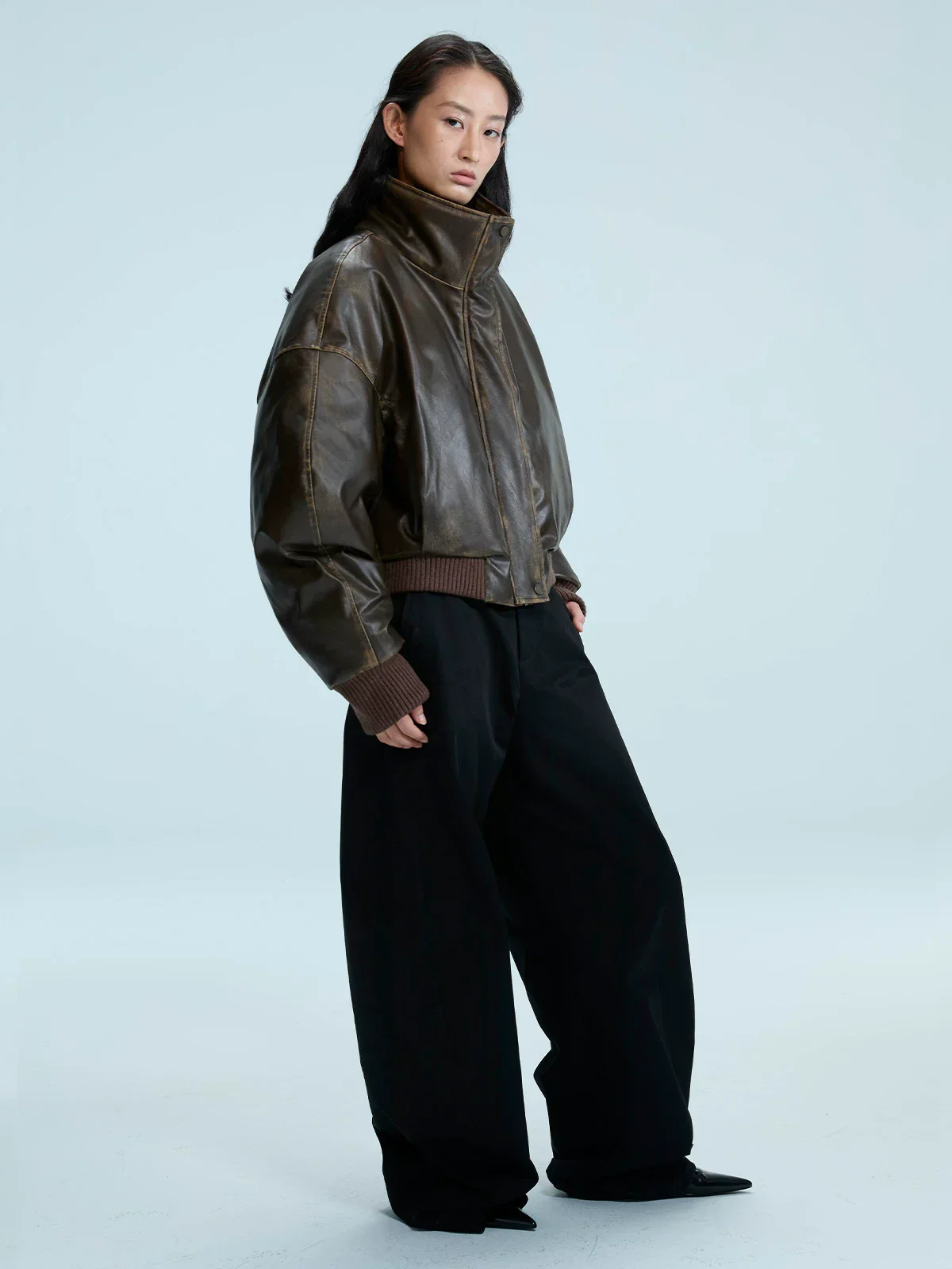 Distressed Faux Leather Bomber - Image 2