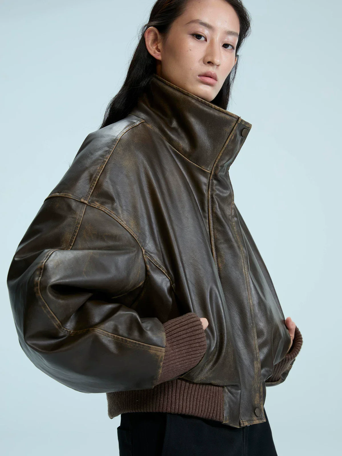 Distressed Faux Leather Bomber - Image 3