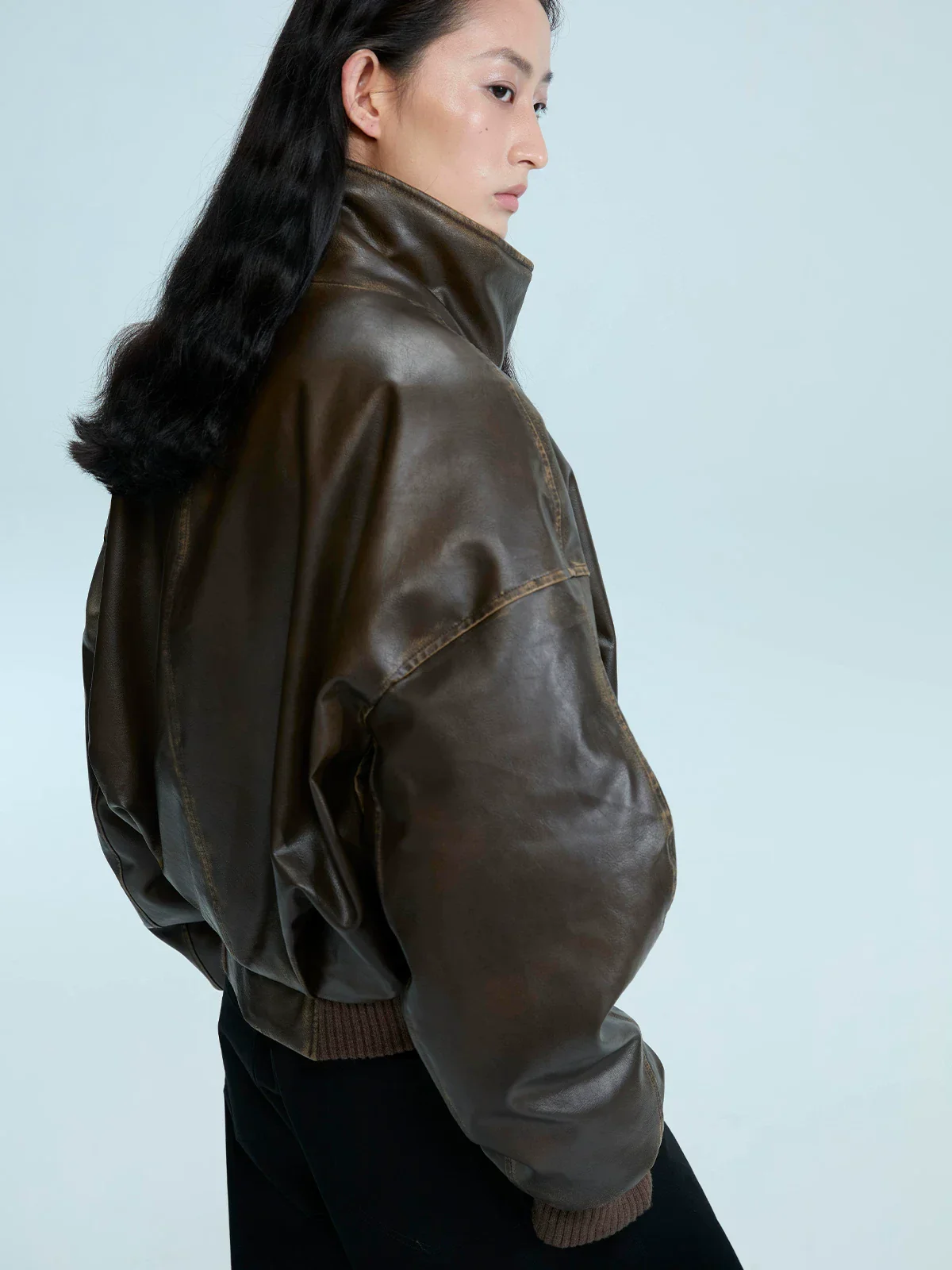 Distressed Faux Leather Bomber - Image 4