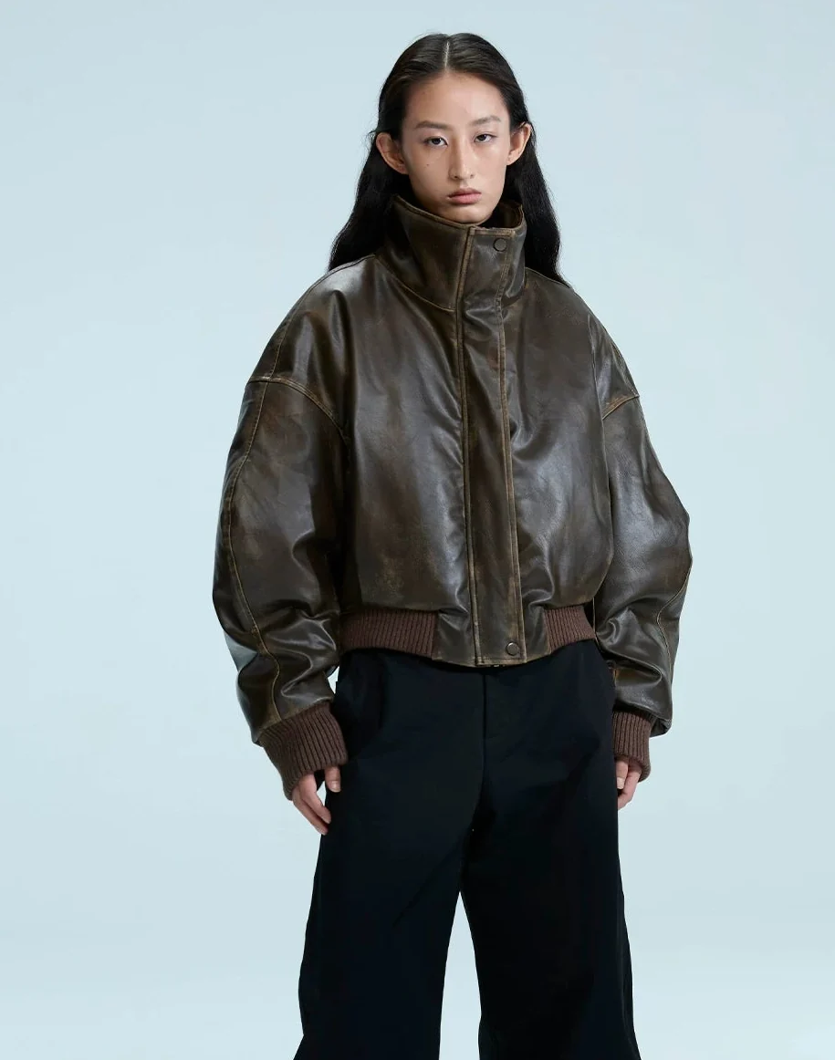 Distressed Faux Leather Bomber - Image 5