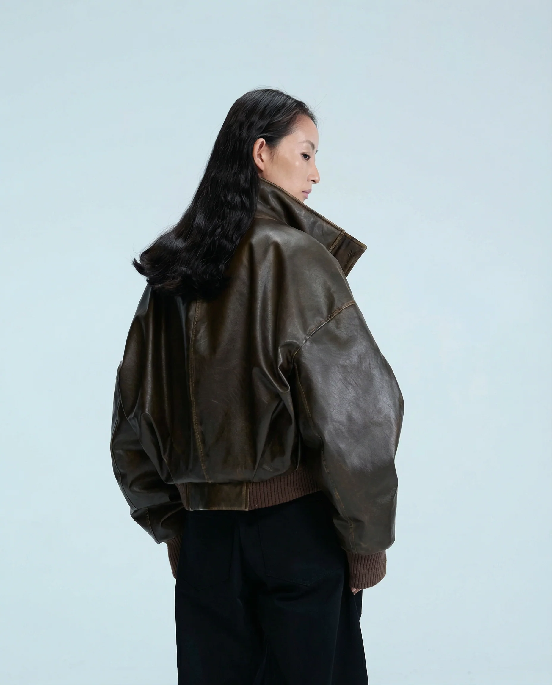 Distressed Faux Leather Bomber - Image 6