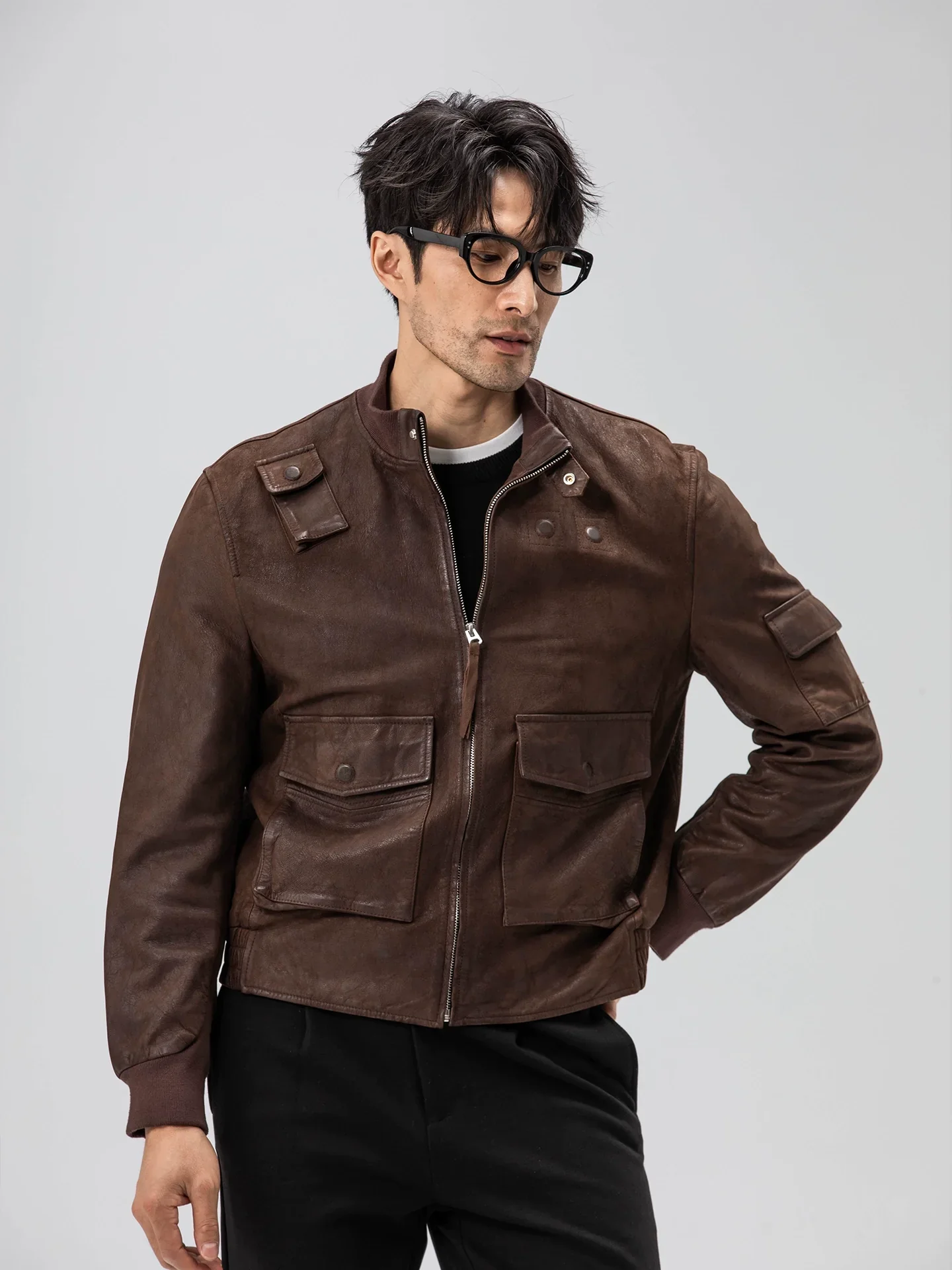 Distressed Goatskin Utility Bomber Jacket - Image 2