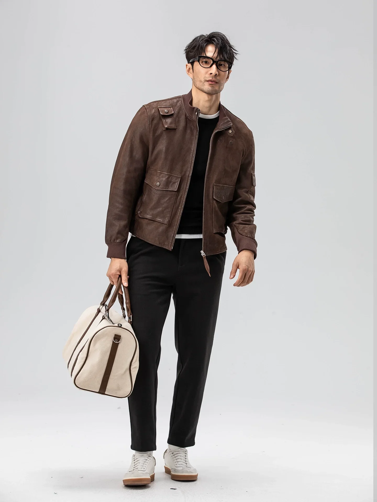 Distressed Goatskin Utility Bomber Jacket - Image 3