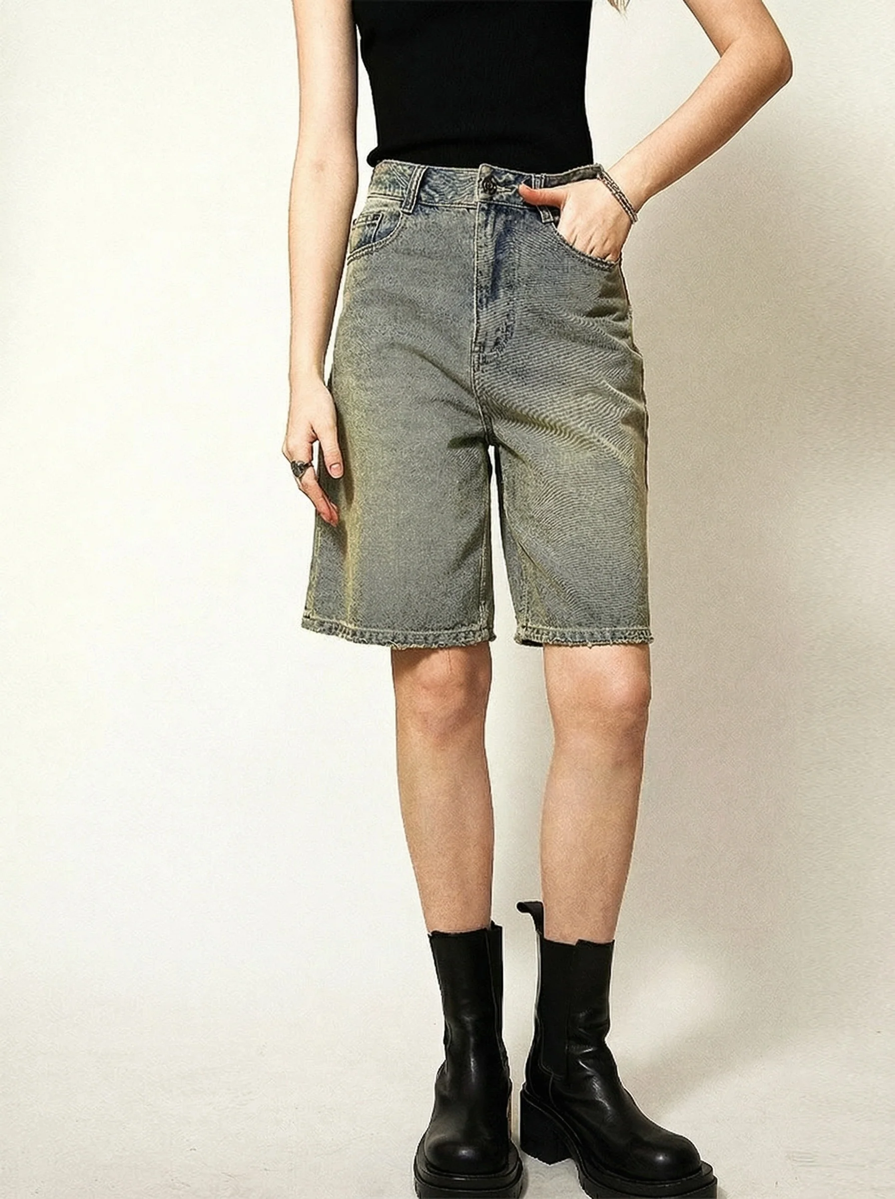 Distressed Vintage Denim Bermuda Shorts