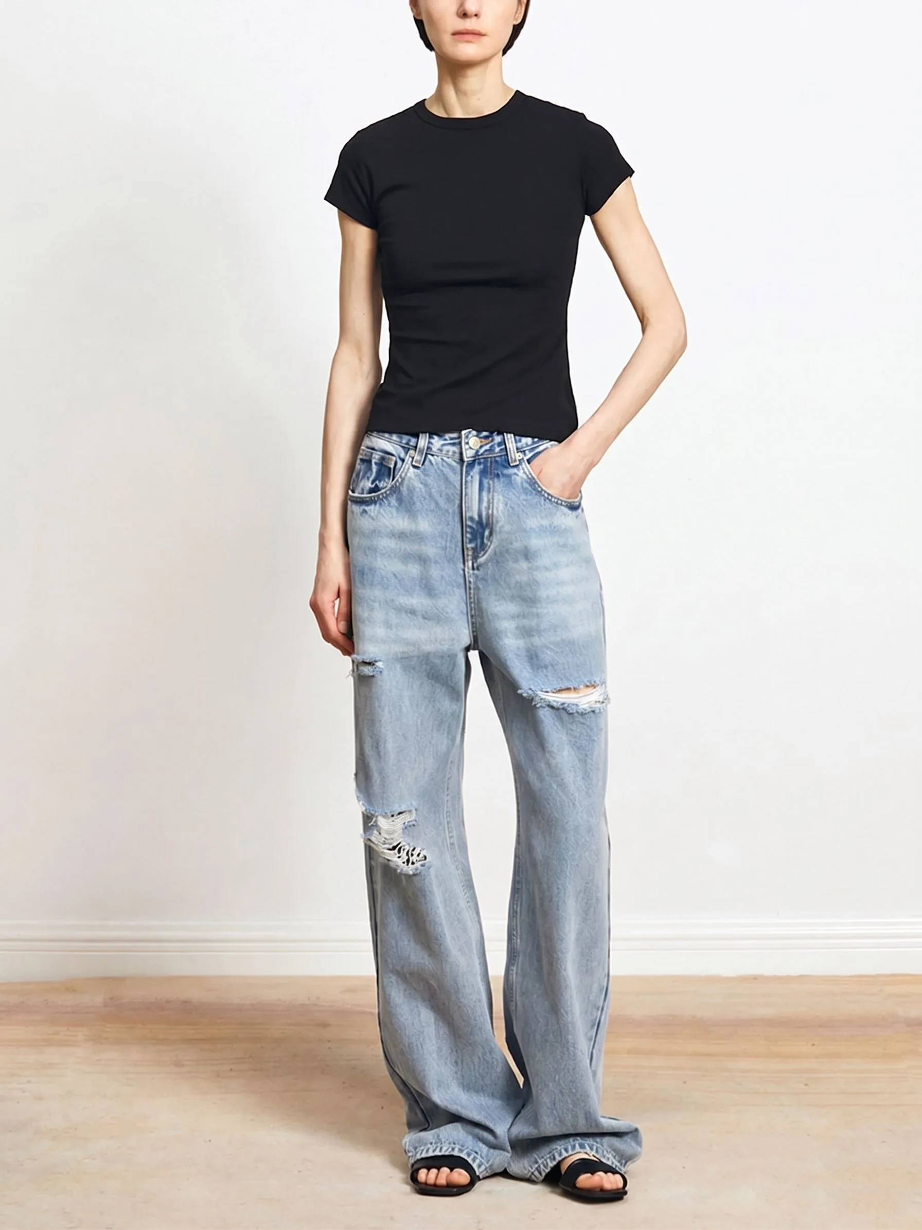 Distressed Wide-Leg Jeans