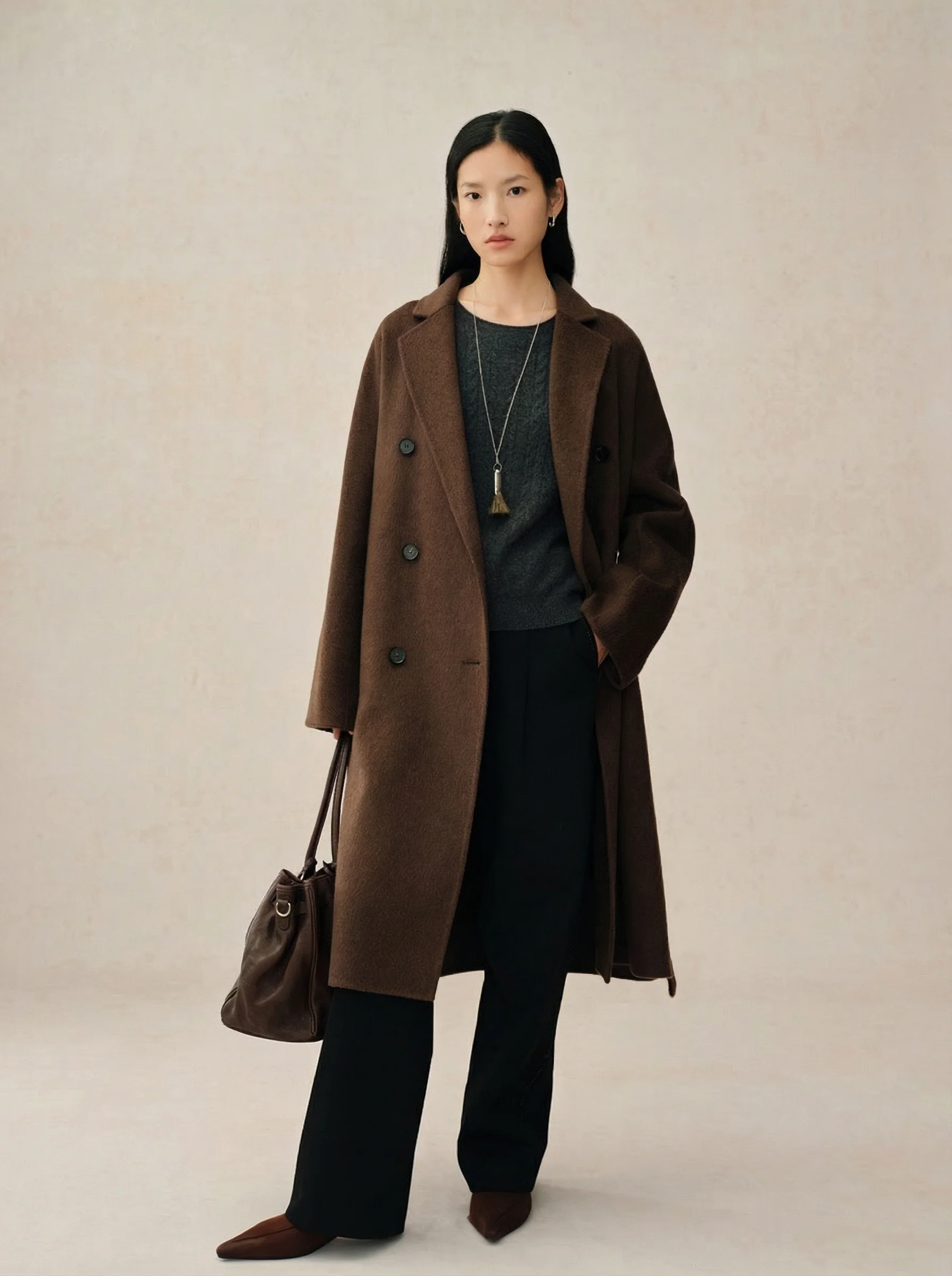 Double-Breasted Camel Wool Belted Coat