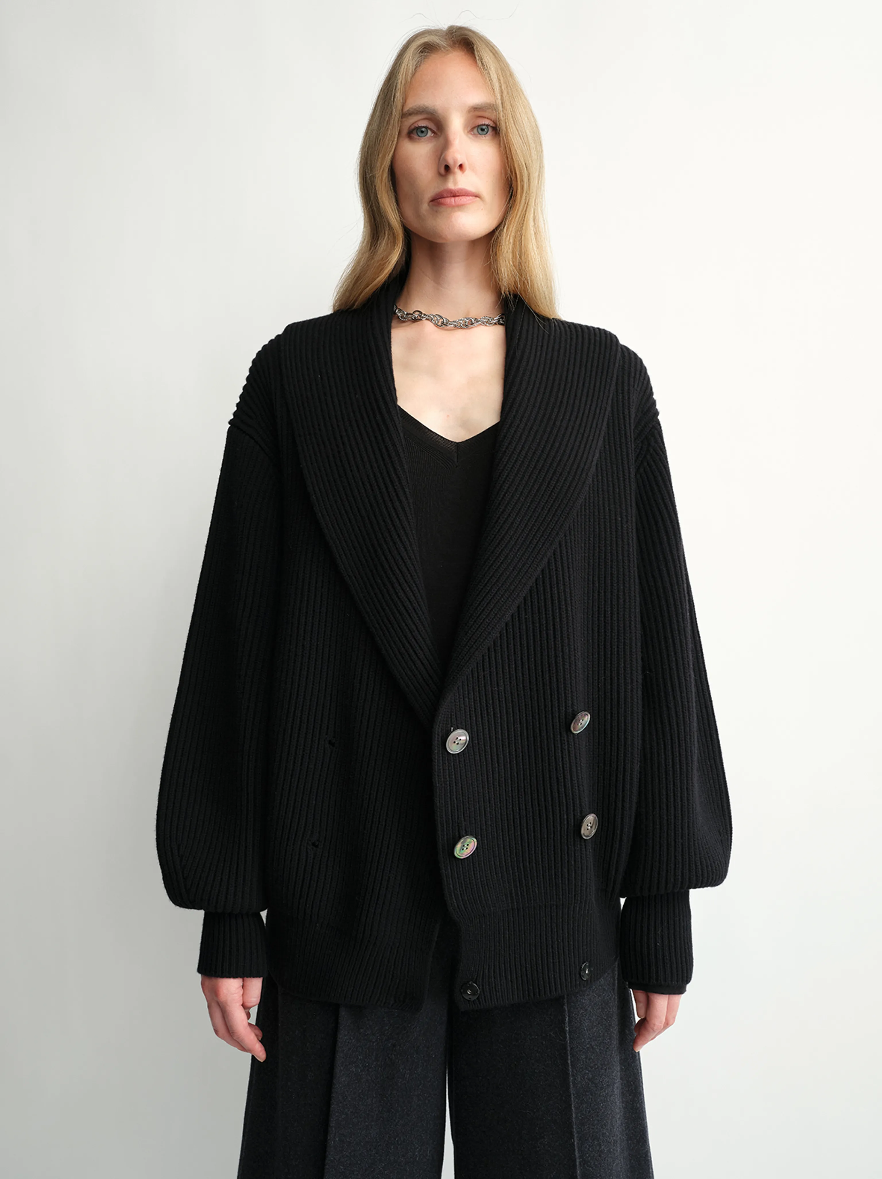 Double-Breasted Ribbed Wool Shawl-Collar Cardigan