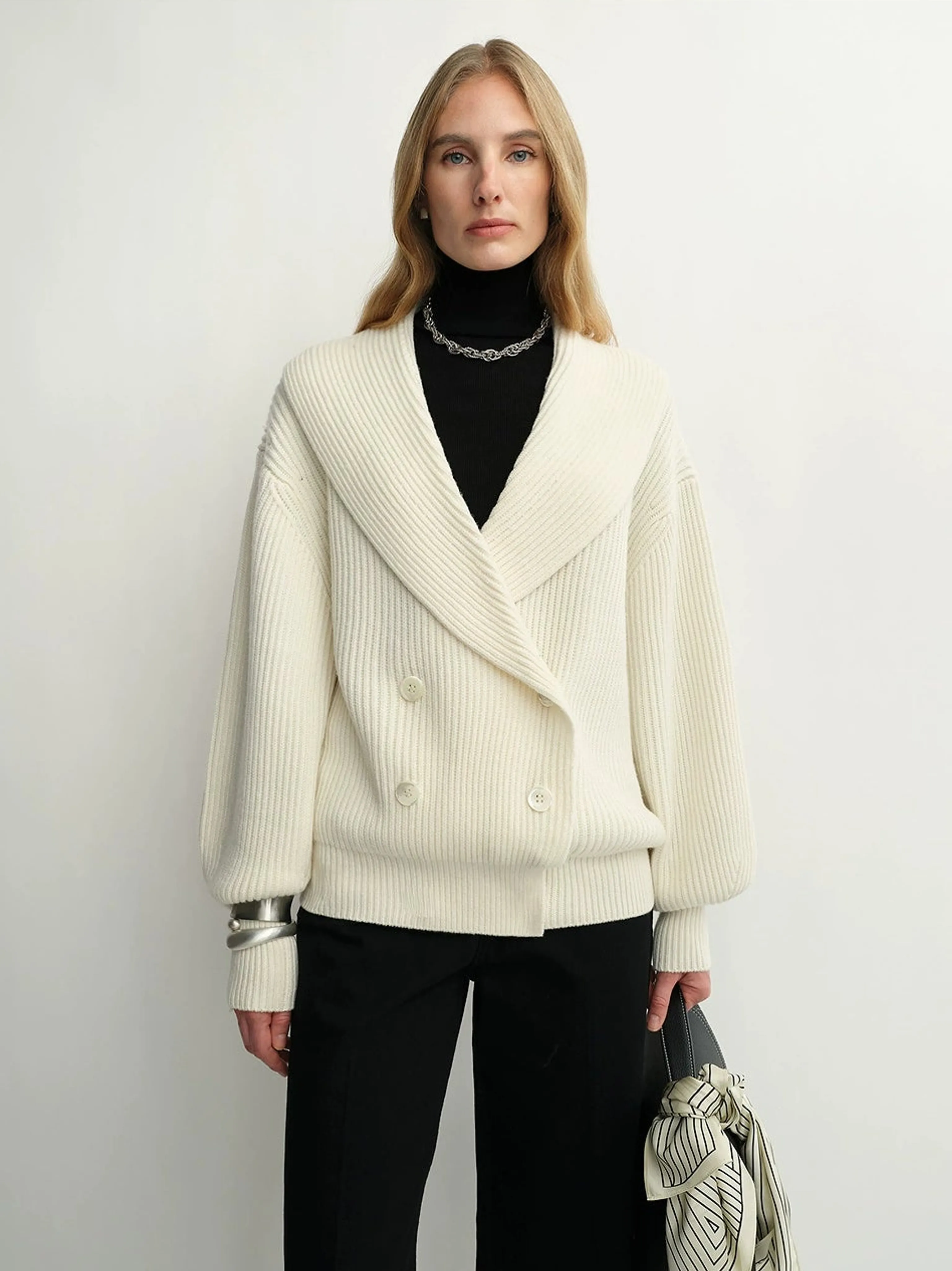 Double-Breasted Ribbed Wool Shawl-Collar Cardigan - Image 2