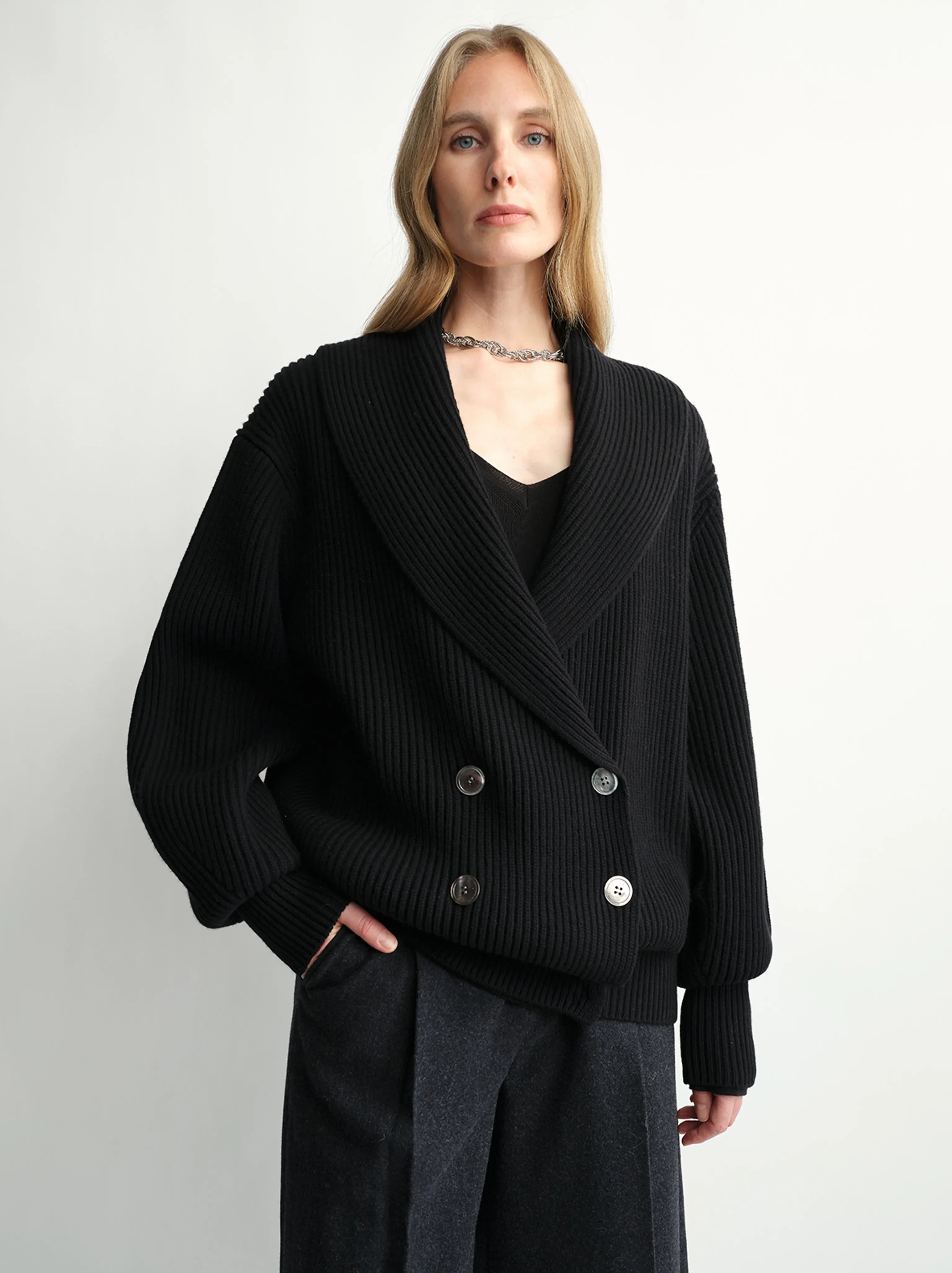 Double-Breasted Ribbed Wool Shawl-Collar Cardigan - Image 6