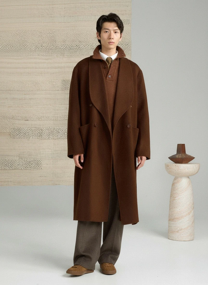 Double-Faced Camel Hair & Wool Shawl Collar Coat