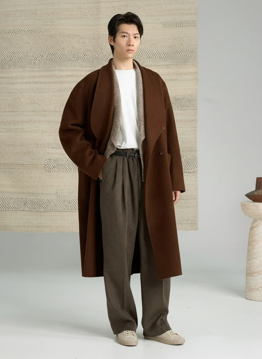 Double-Faced Camel Hair & Wool Shawl Collar Coat - Image 2
