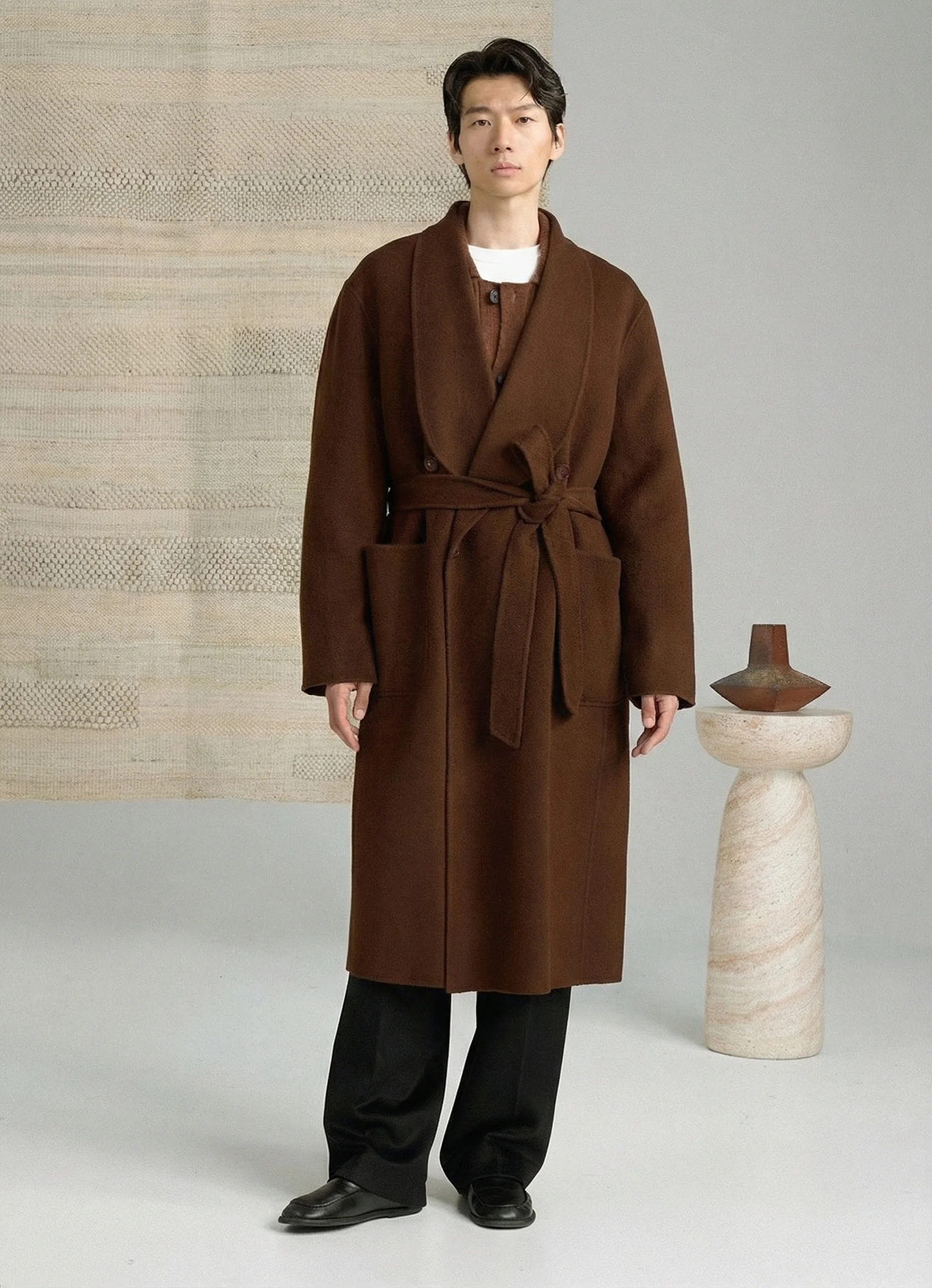 Double-Faced Camel Hair & Wool Shawl Collar Coat - Image 3