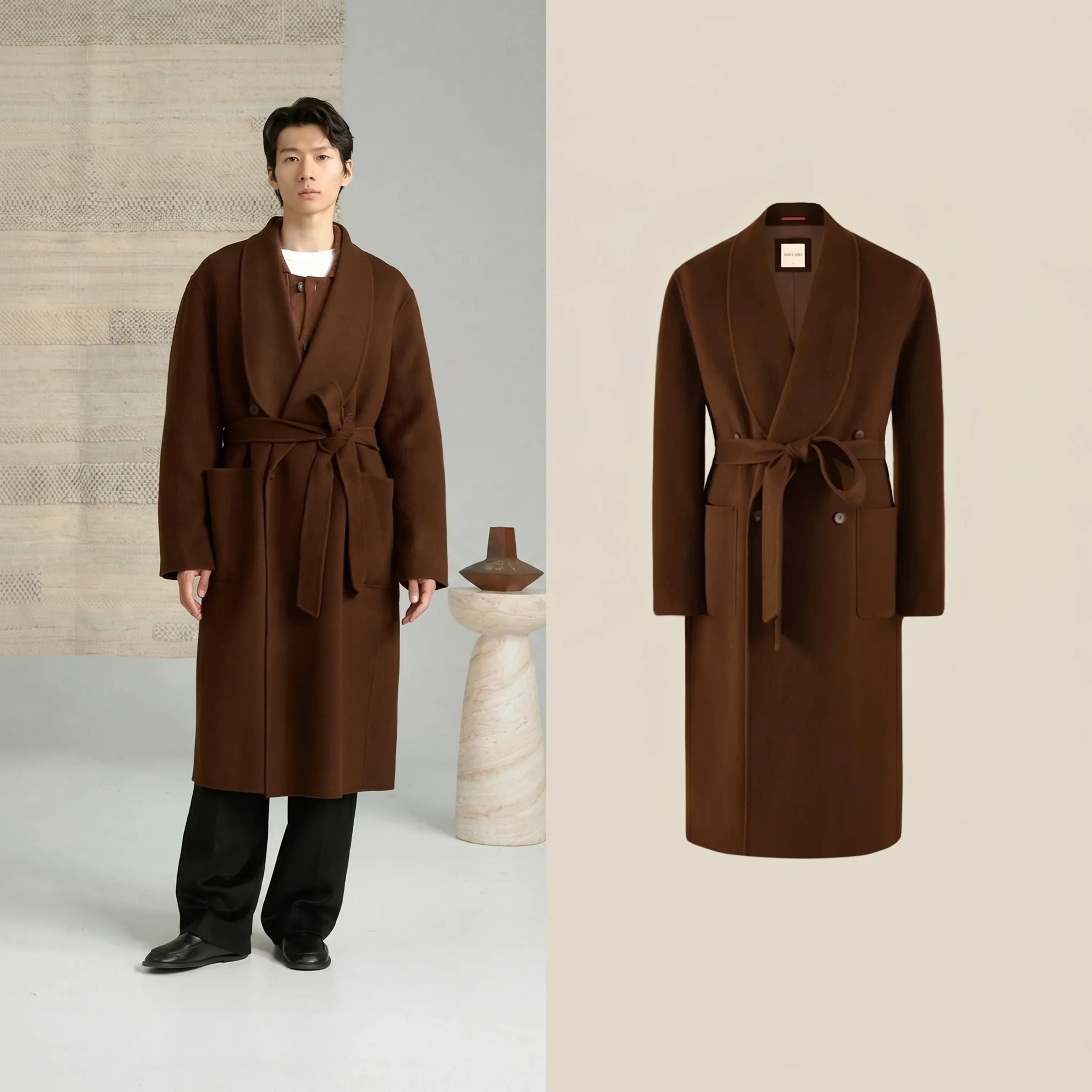 Double-Faced Camel Hair & Wool Shawl Collar Coat - Image 4