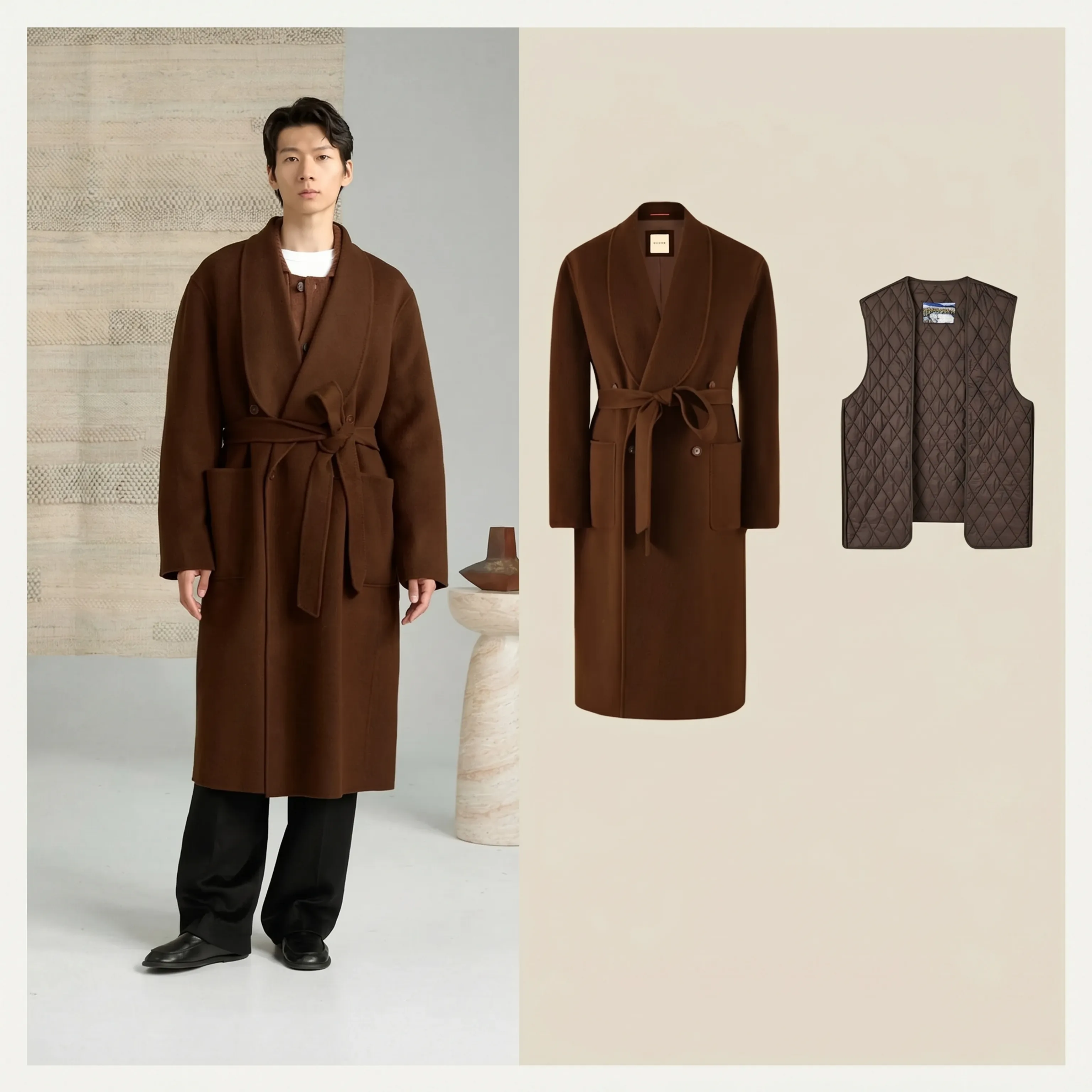 Double-Faced Camel Hair & Wool Shawl Collar Coat - Image 5