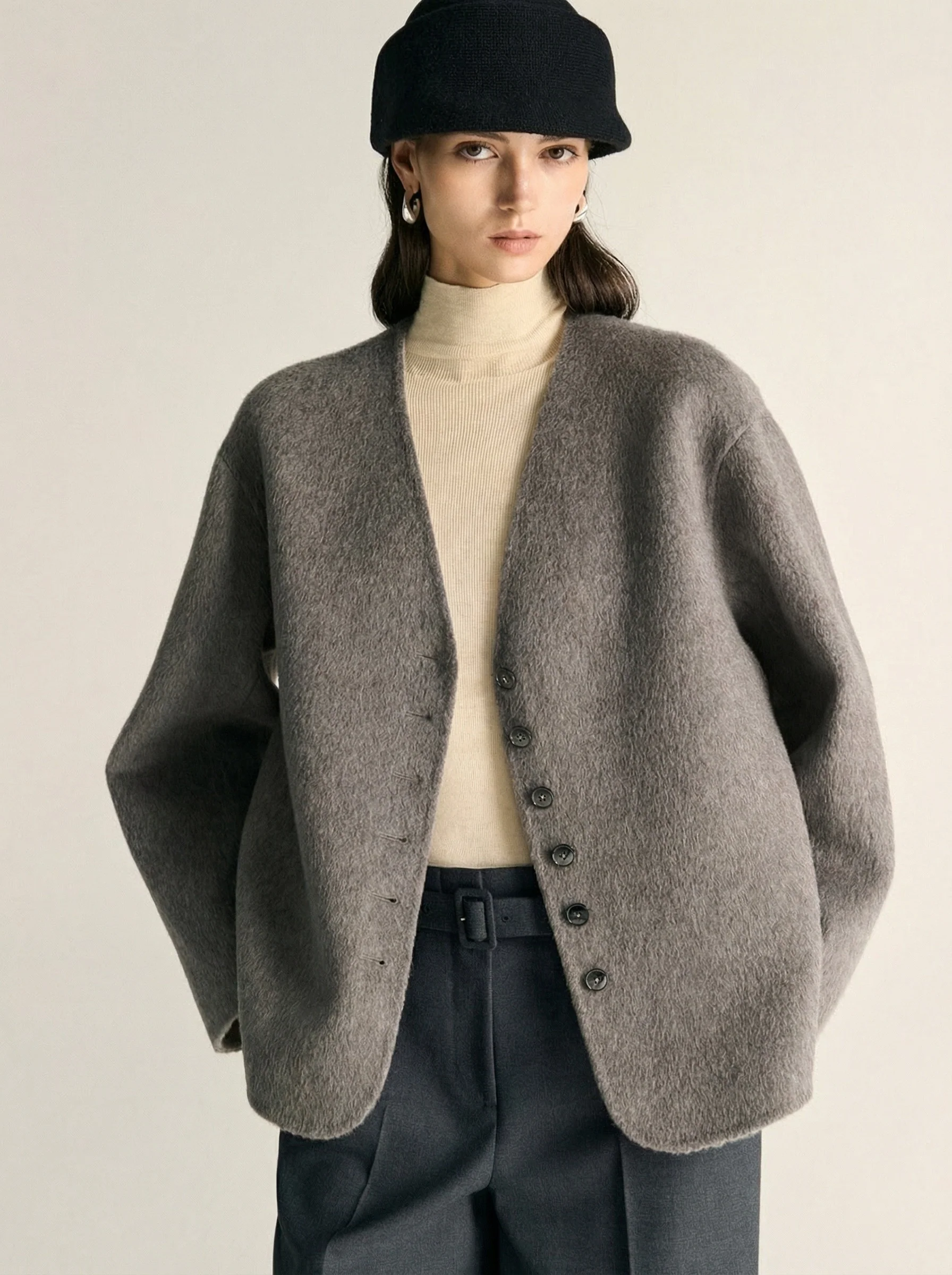 Double-Faced V-Neck Short Coat