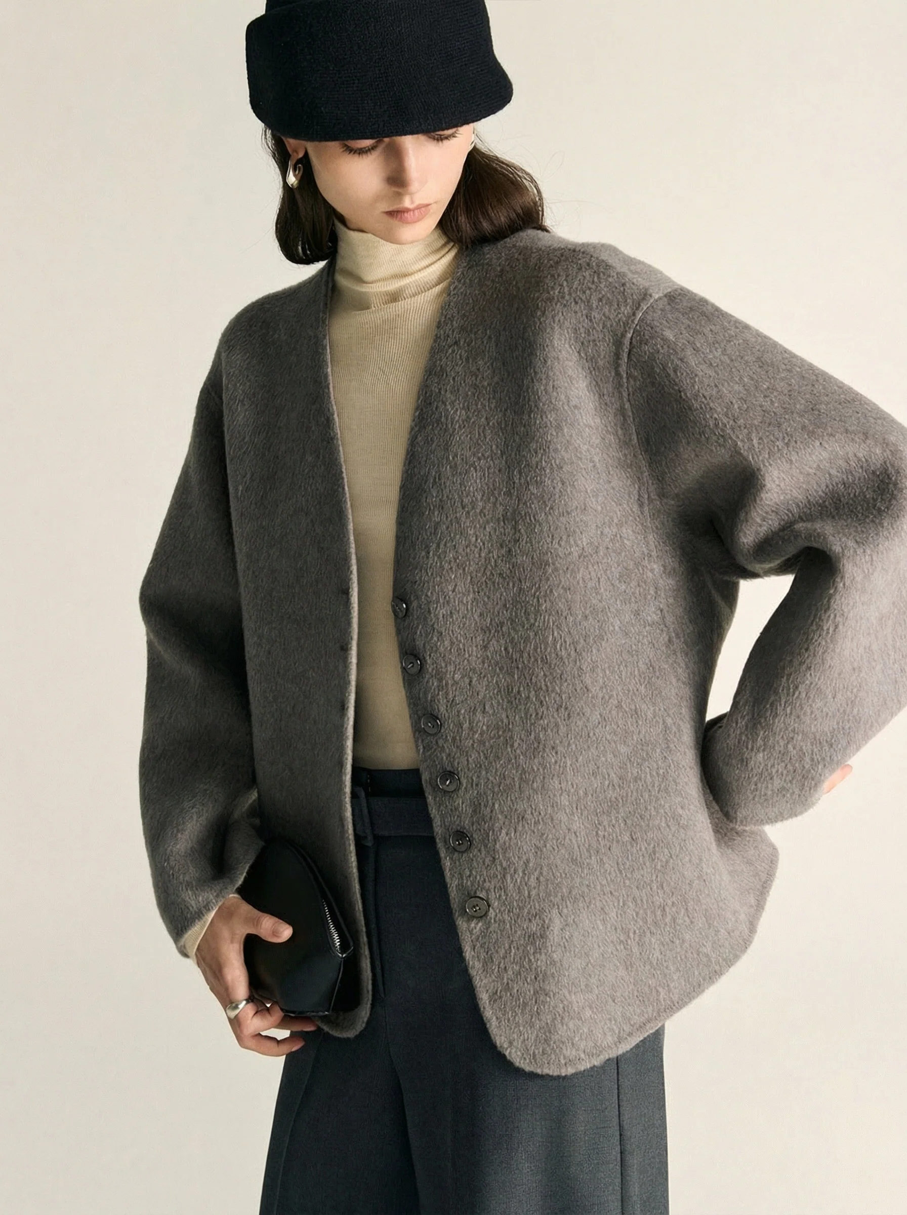 Double-Faced V-Neck Short Coat - Image 2