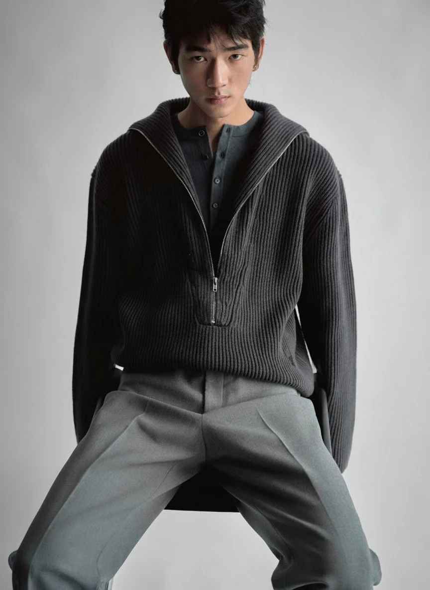 Double-Layer Wool Half-Zip Sweater