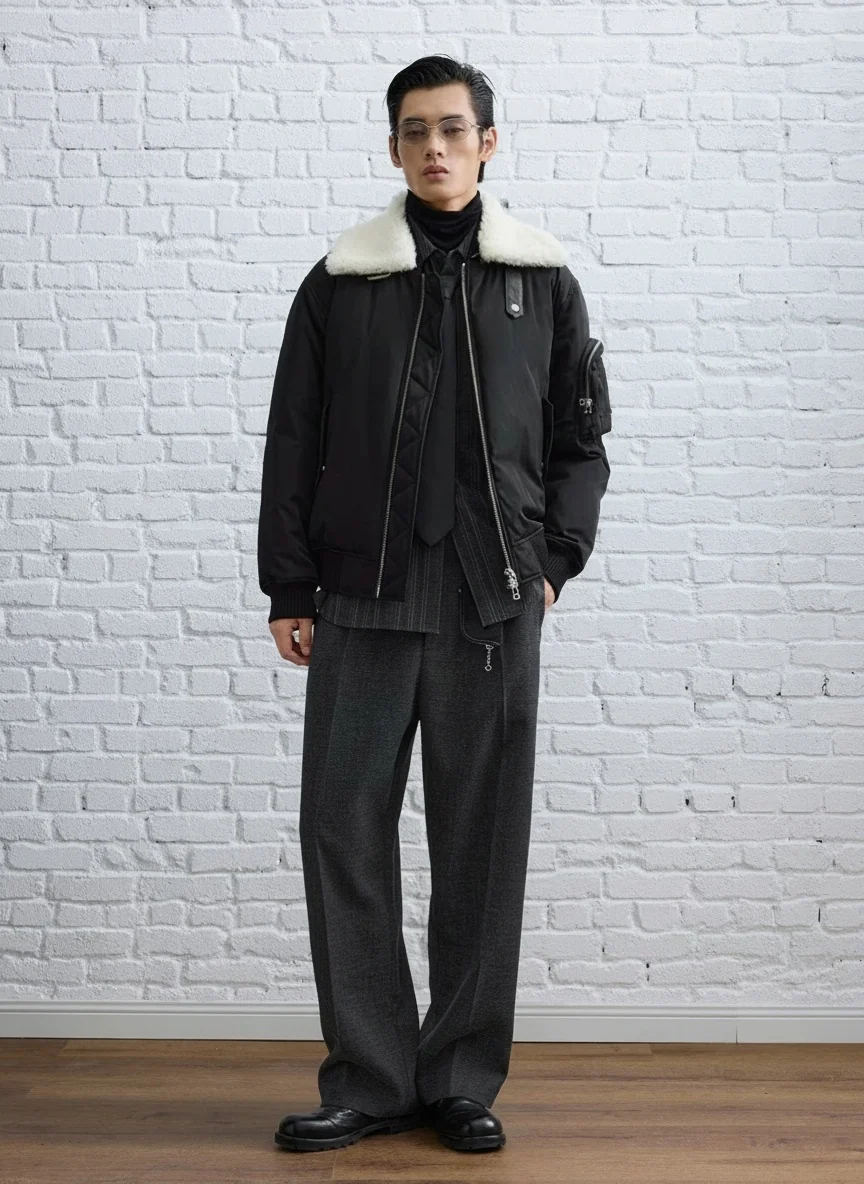 Down Bomber with Detachable Wool Collar