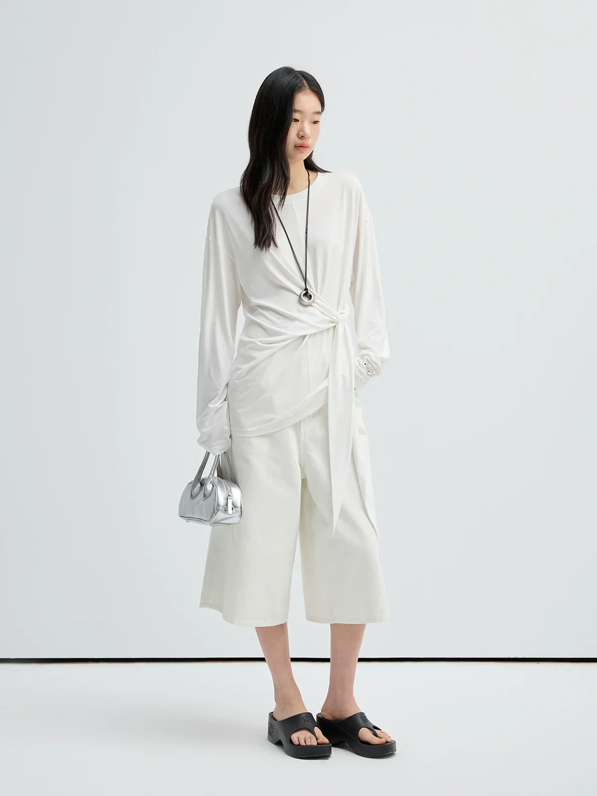 Draped Side-Tie Long Sleeve Tee