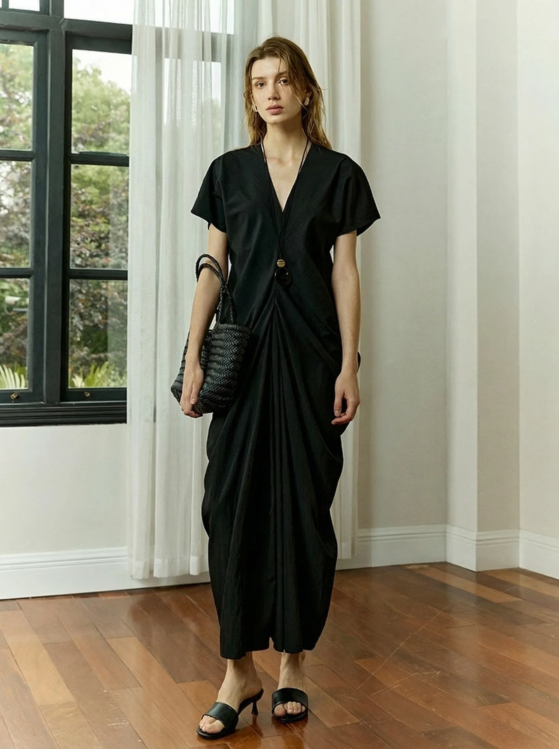 Draped V-Neck Maxi Dress