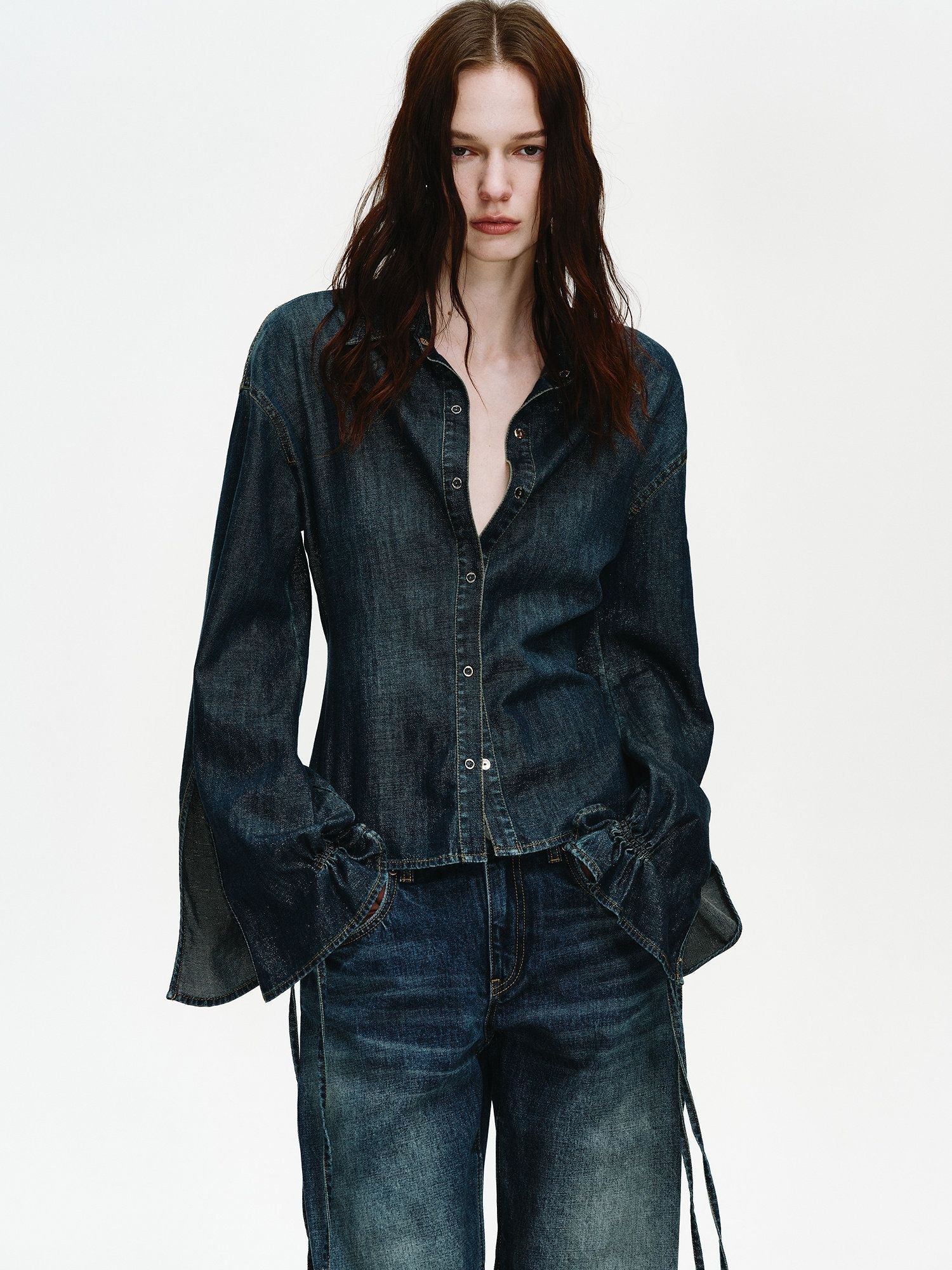 Drawstring Cuff Denim Shirt