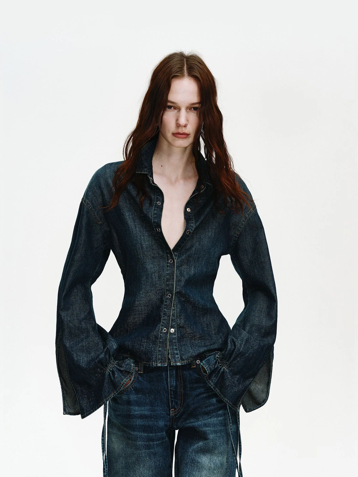 Drawstring Cuff Denim Shirt - Image 3