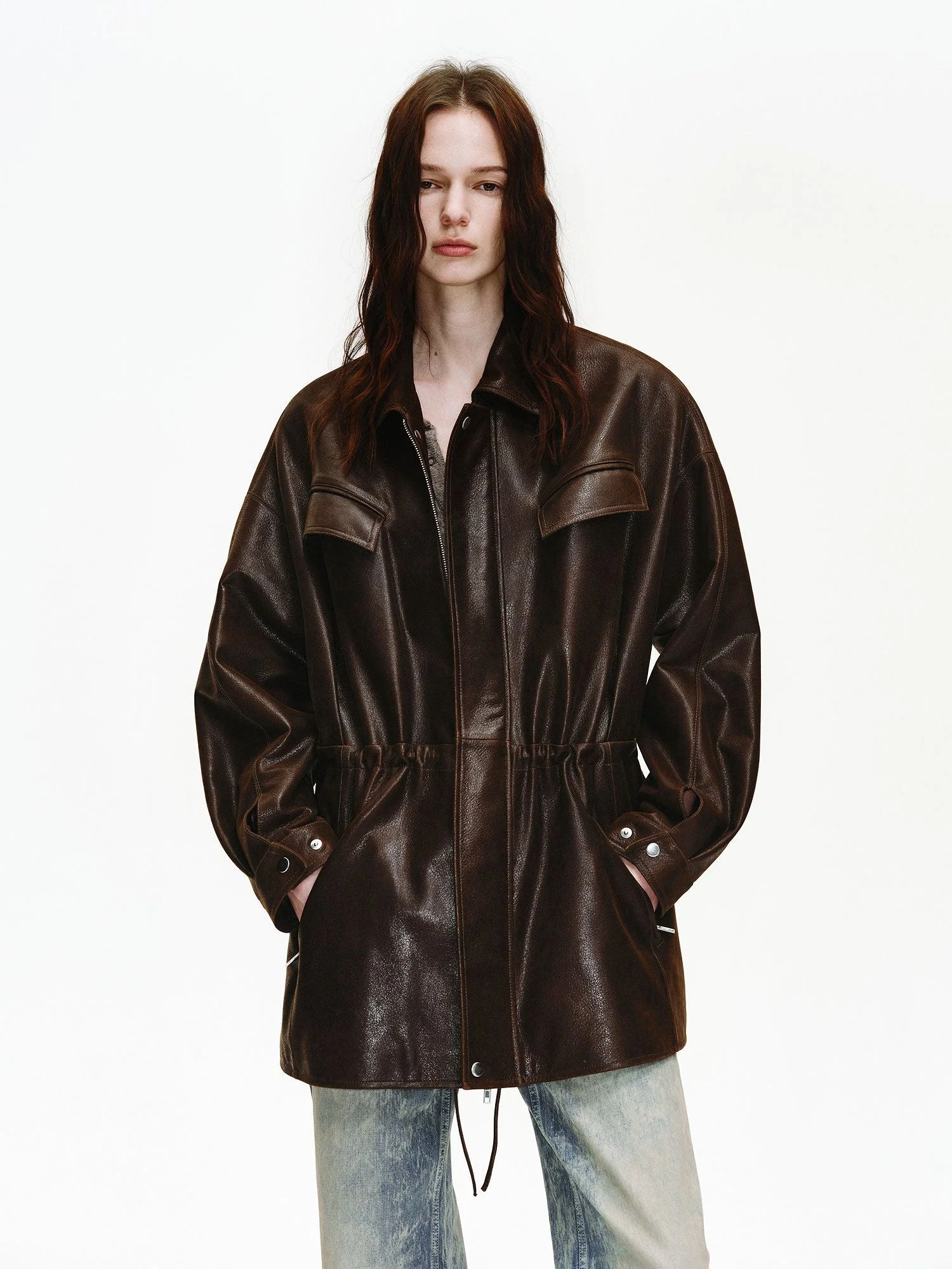 Drawstring Leather Jacket