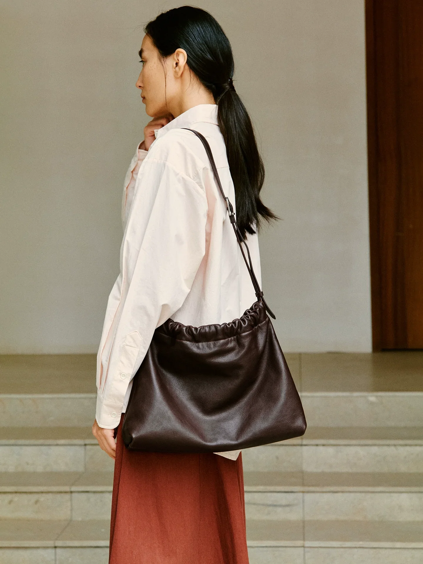 Drawstring Leather Shoulder Bag