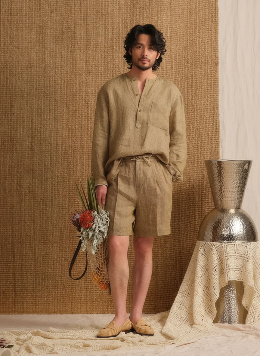 Drawstring Pleat Linen Shorts - Image 2