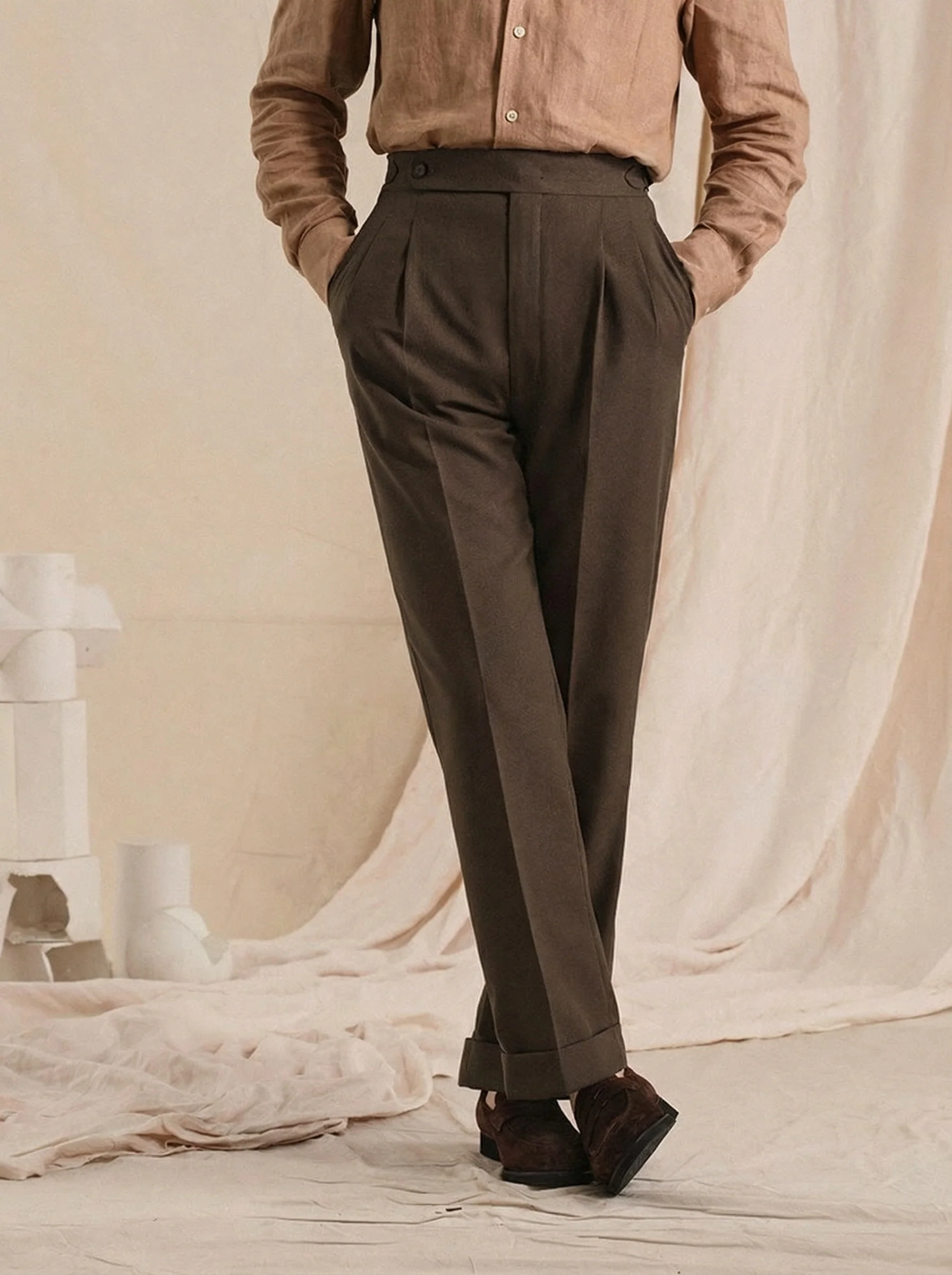 Earth Tone Linen-Blend Trousers - Image 2