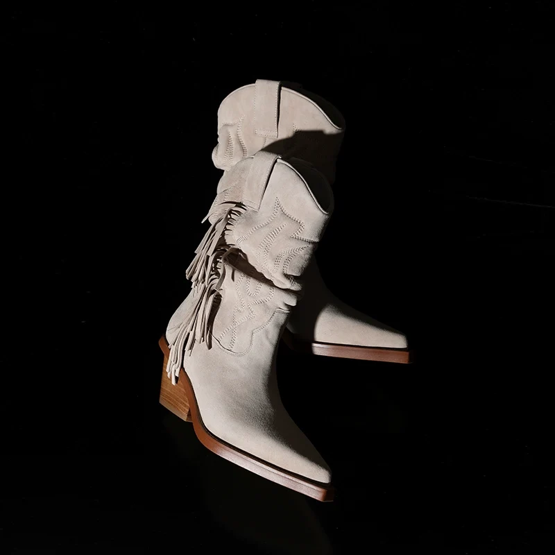 Embroidered Suede Fringe Boots - Image 2