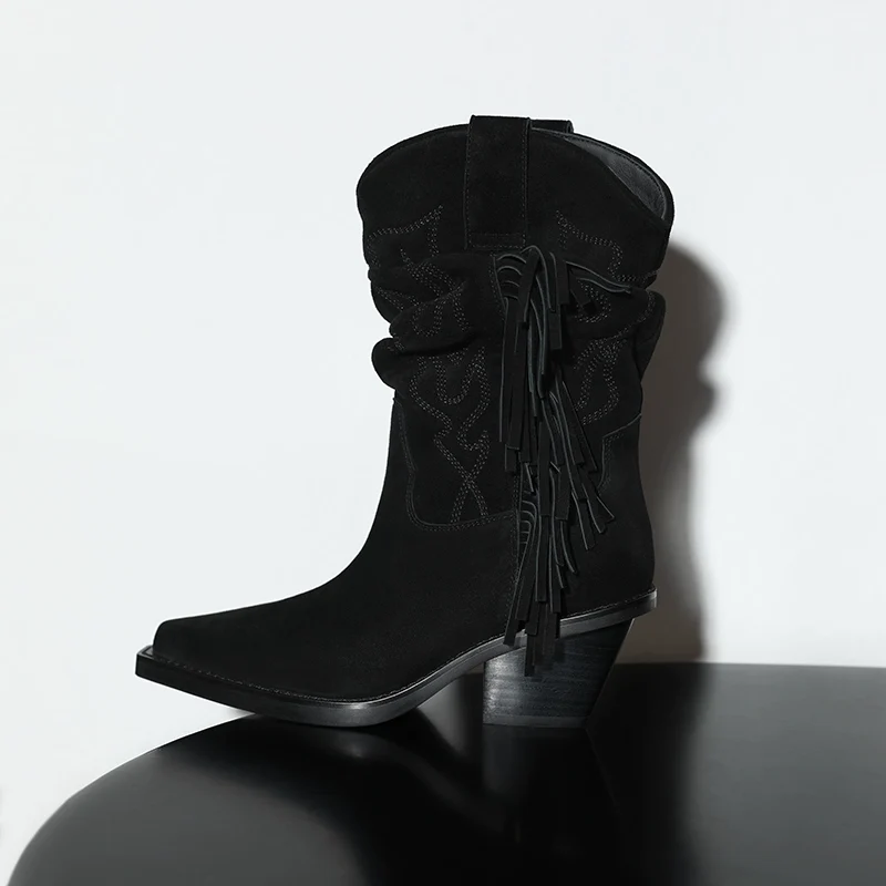 Embroidered Suede Fringe Boots - Image 4