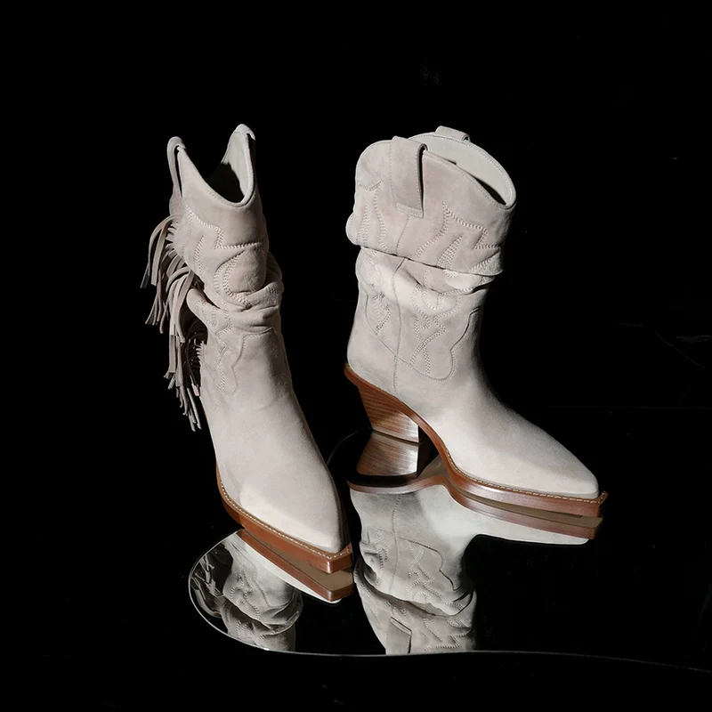 Embroidered Suede Fringe Boots - Image 5