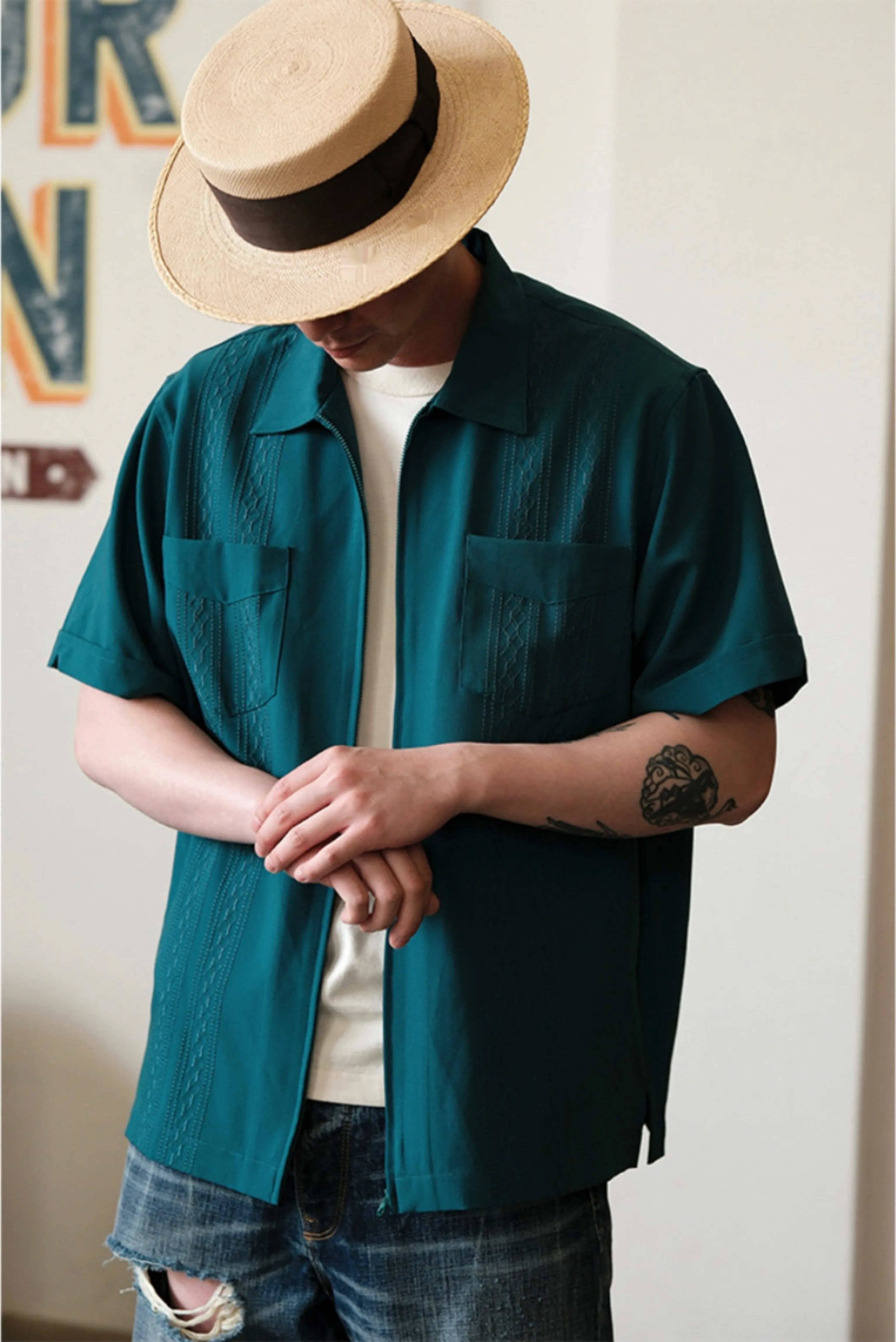 Embroidered Zipper Cuban Collar Shirt - Image 3