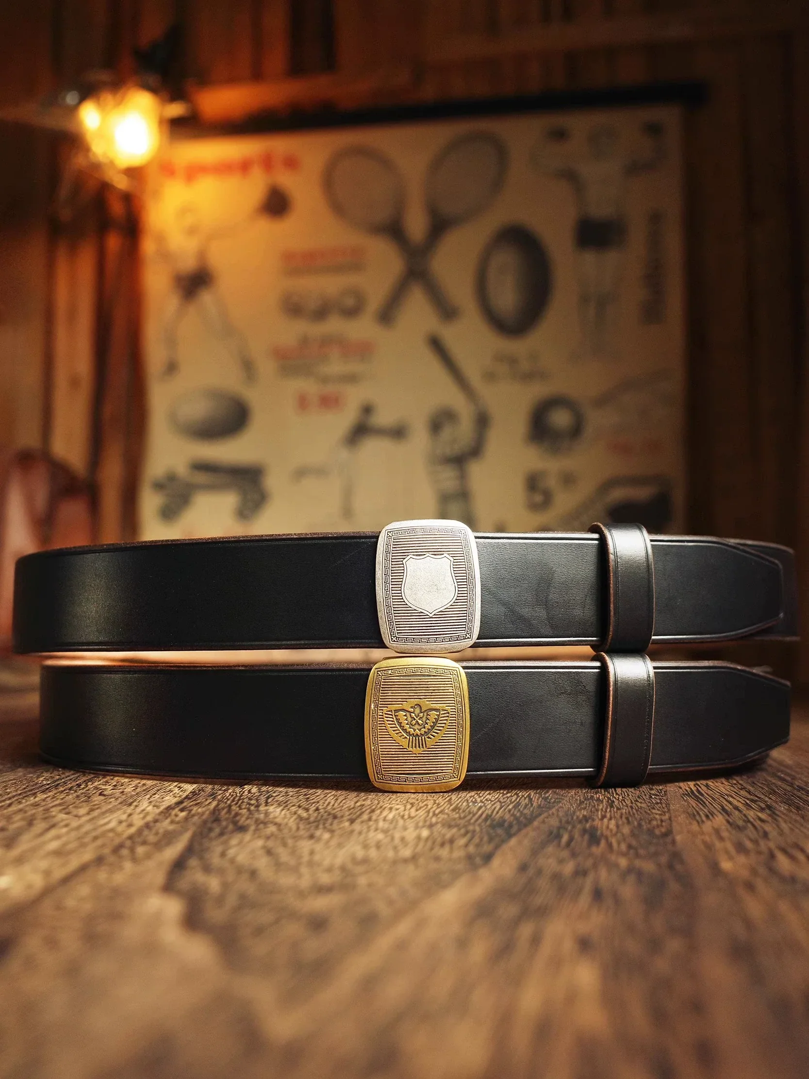 Engraved Plaque Buckle Leather Belt