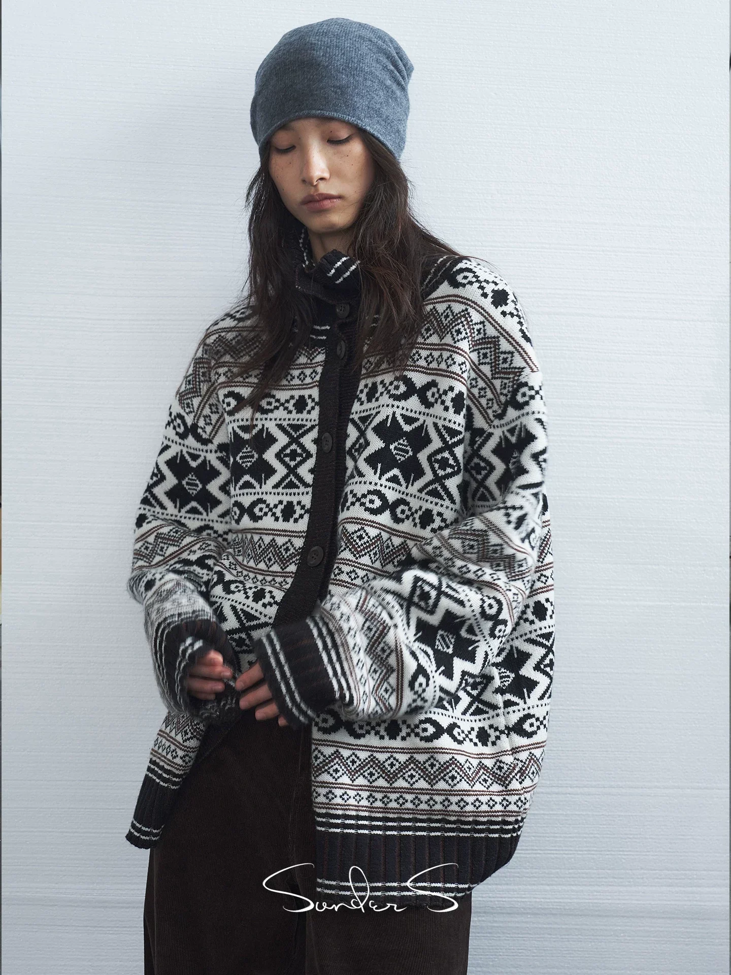 Fair Isle Jacquard Stand-Collar Cardigan