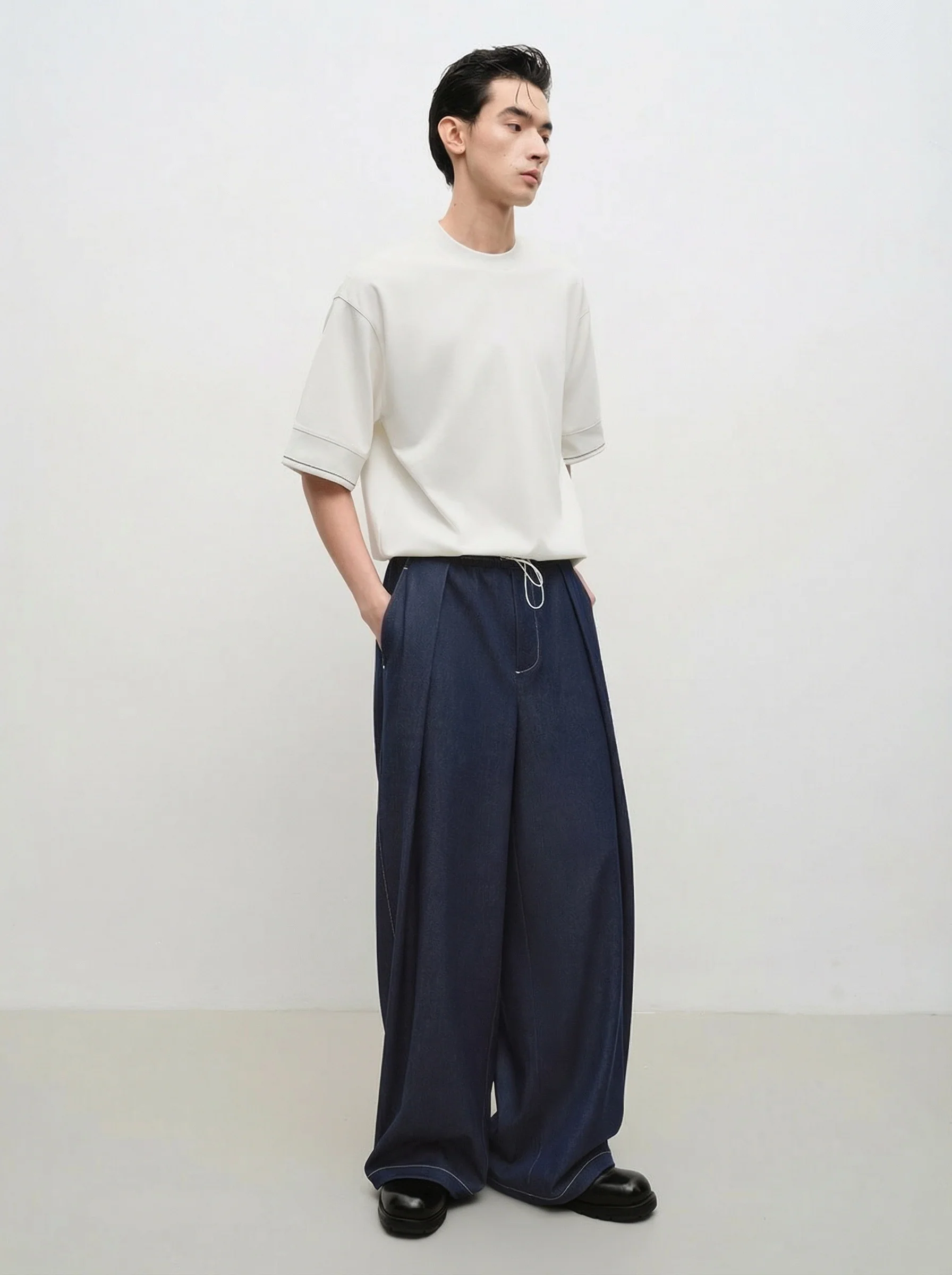 Faux-Denim Wide-Leg Drawstring Pants