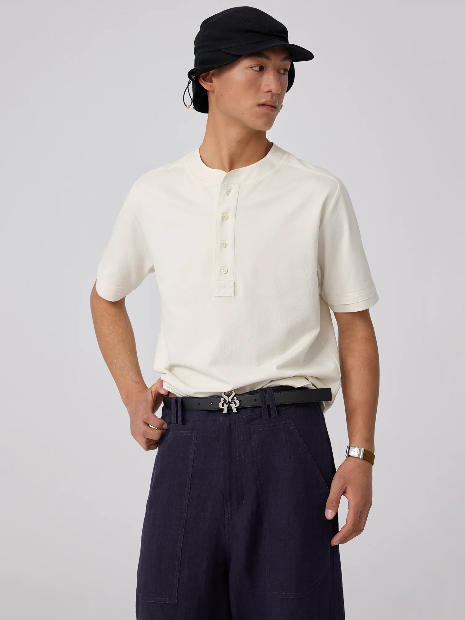Faux-Layer Raw-Edge Henley Tee