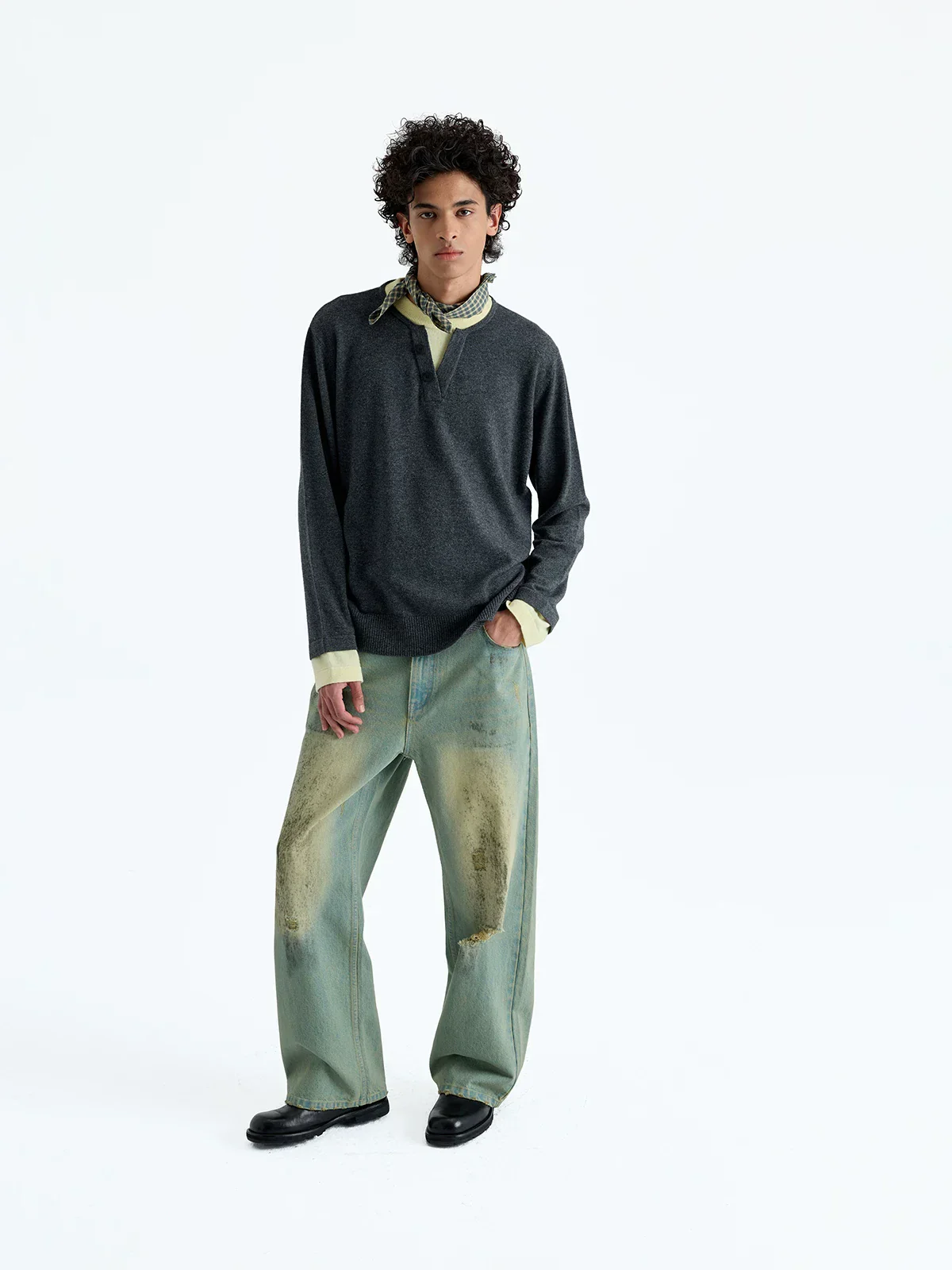 Faux Layered Wool-Cashmere Henley Sweater