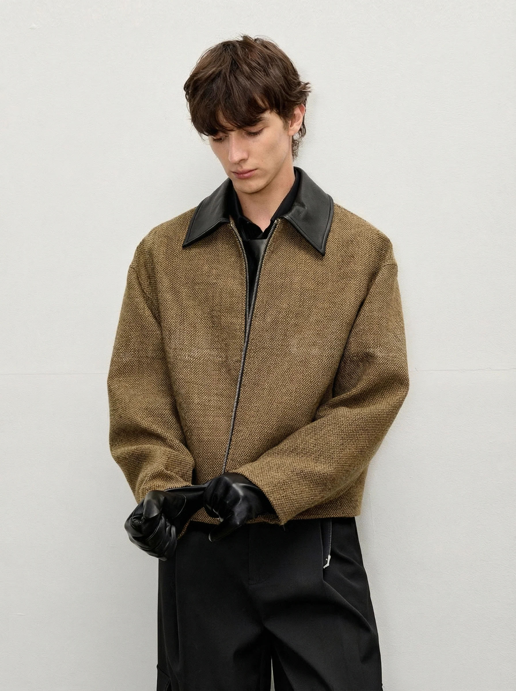 Faux Leather Collar Tweed Jacket