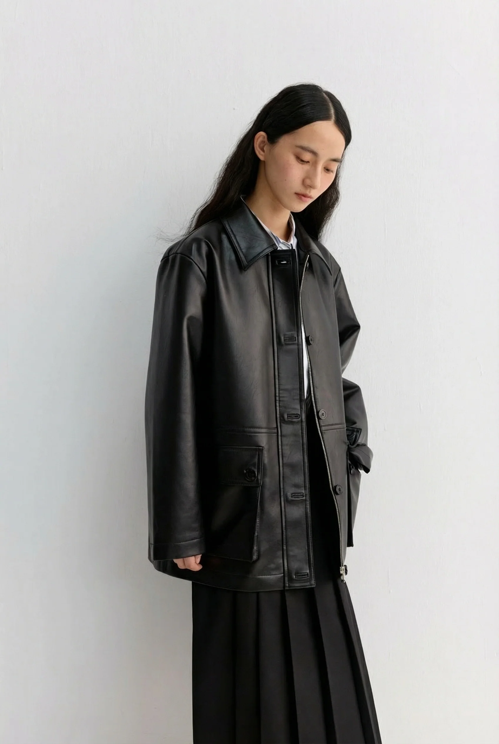 Faux Leather-Effect Car Coat